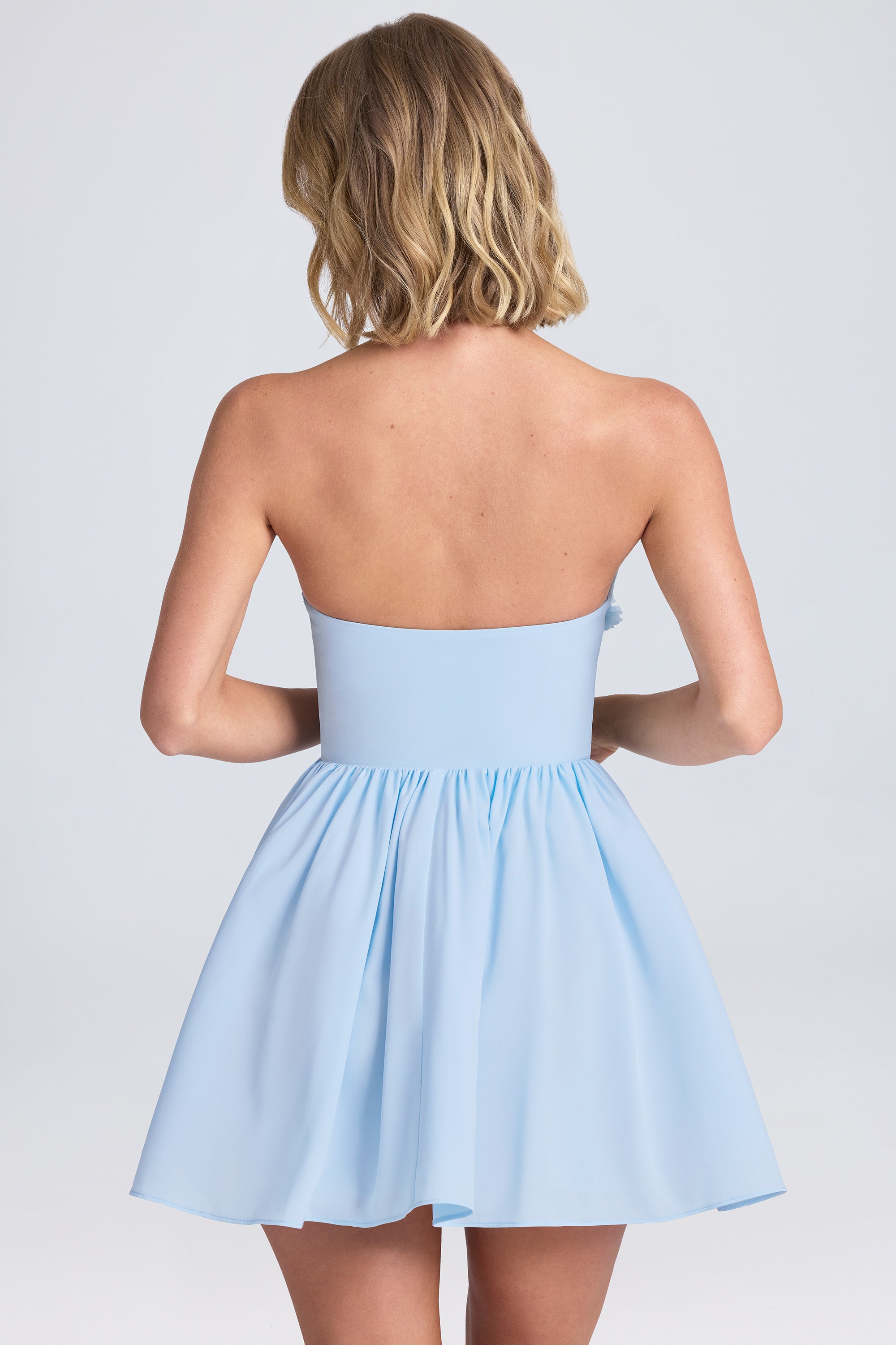Halterneck Floral-Appliqu?? Corset Mini Dress in Powder Blue - Image 2
