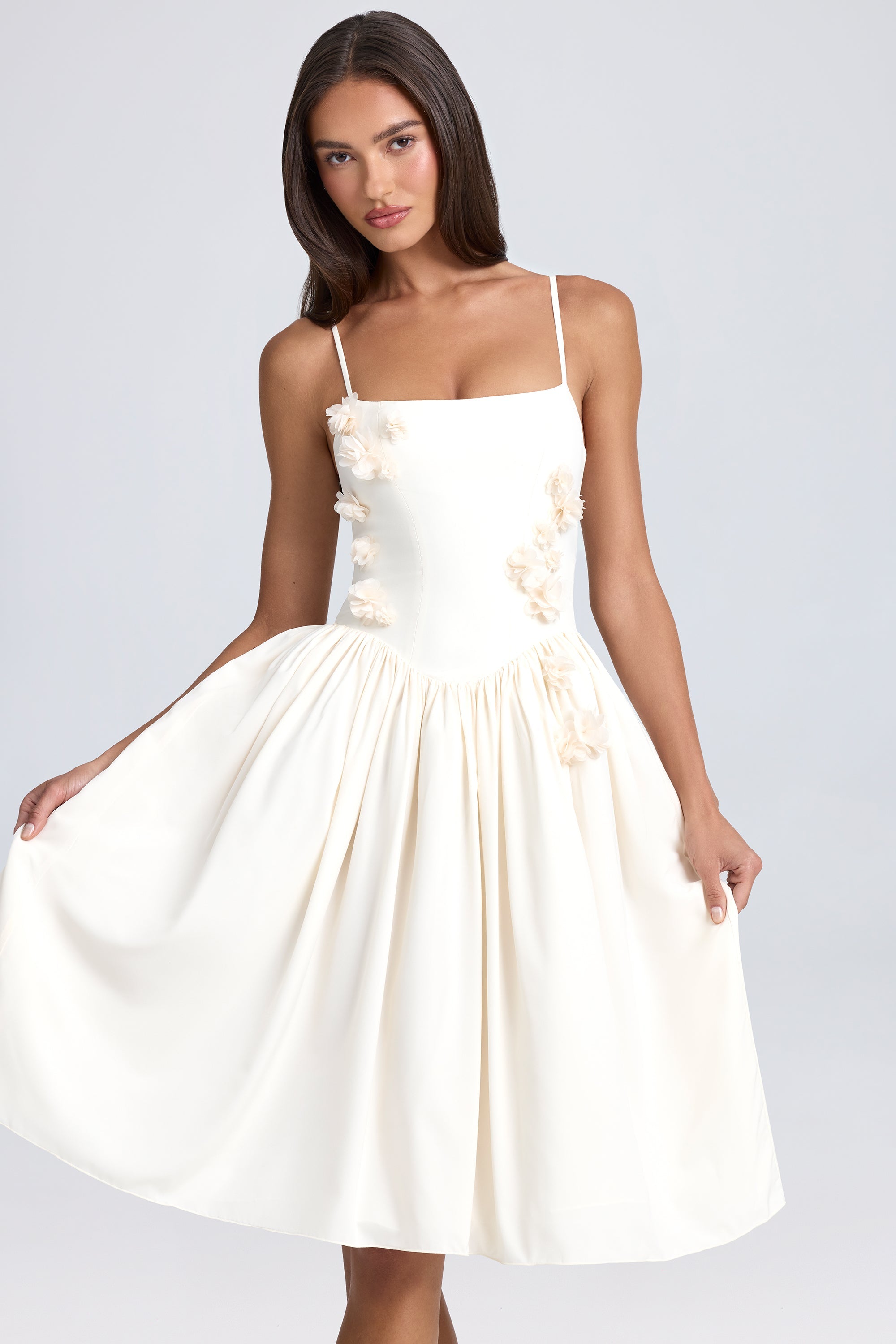 Floral-Appliqu?? Midi Dress in Ivory