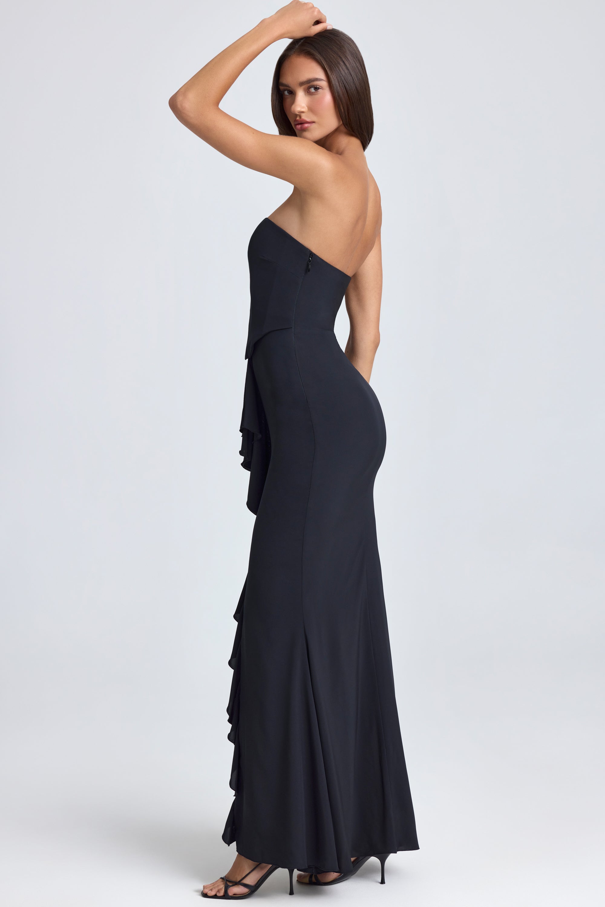 Tallulah Bandeau Ruffle-Trim Corset Gown in Black - Image 3