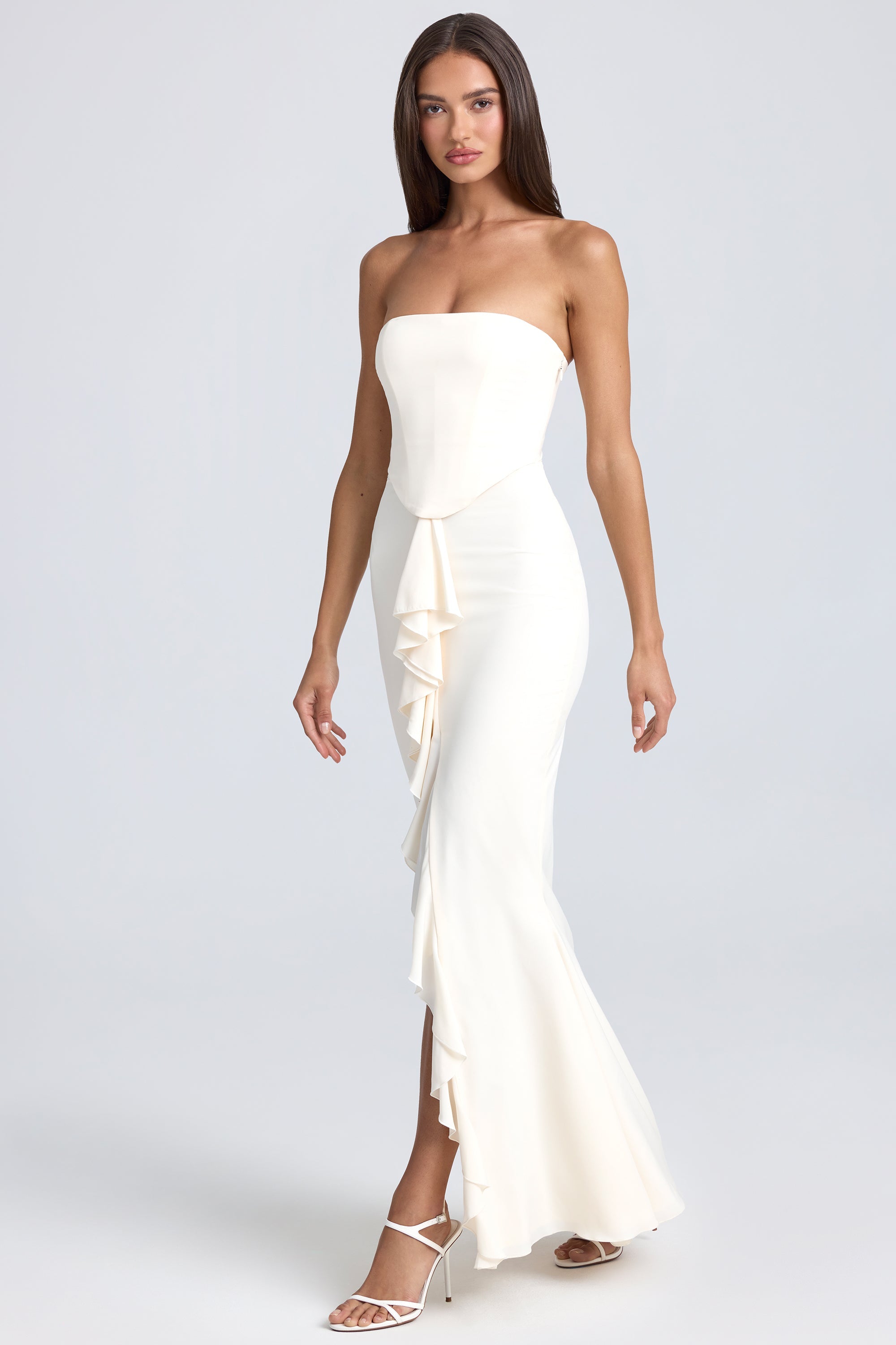 Bandeau Ruffle-Trim Corset Gown in Ivory - Image 6