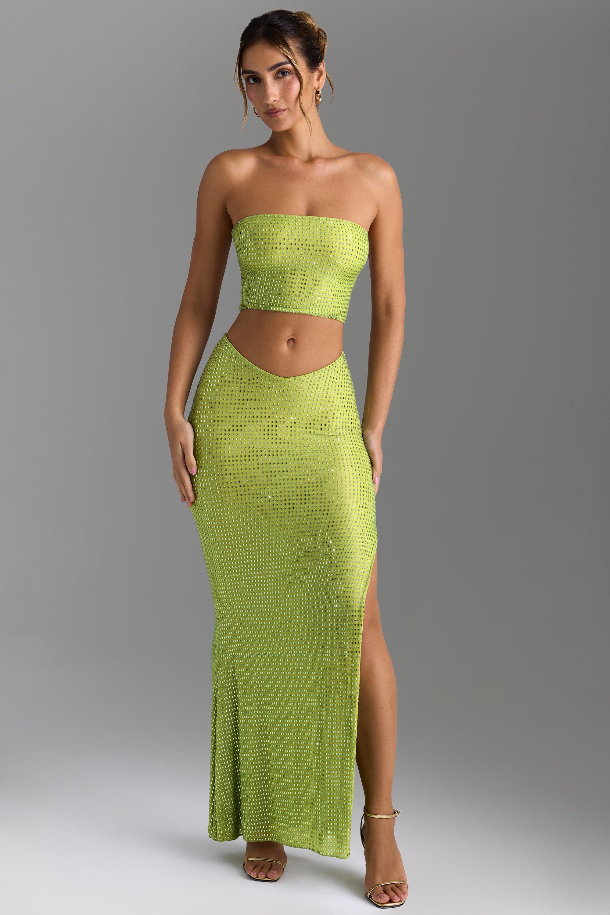 Pelagia Embellished V-Waist Maxi Skirt in Pear Green - Image 4