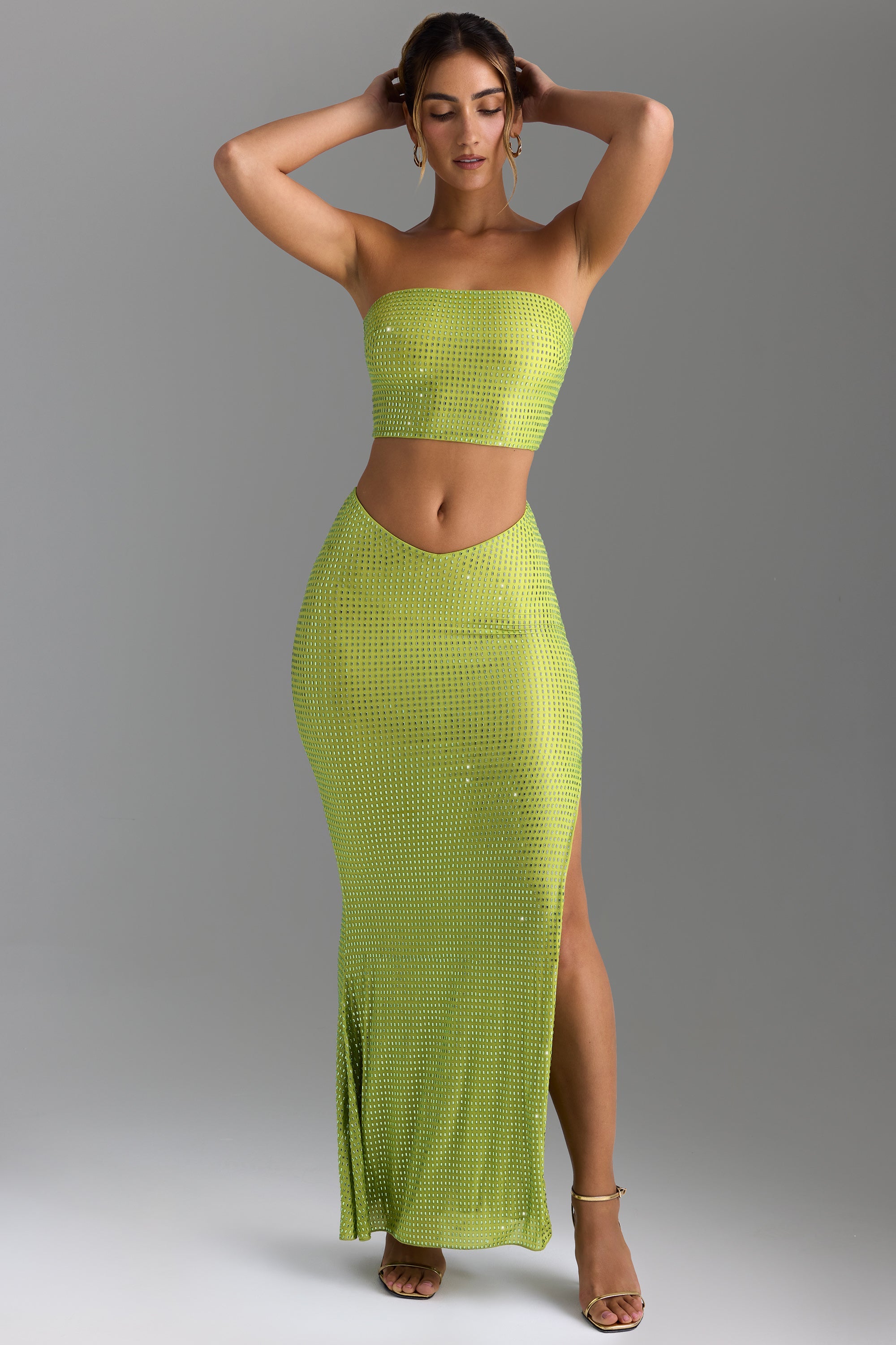 Pelagia Embellished V-Waist Maxi Skirt in Pear Green - Image 5