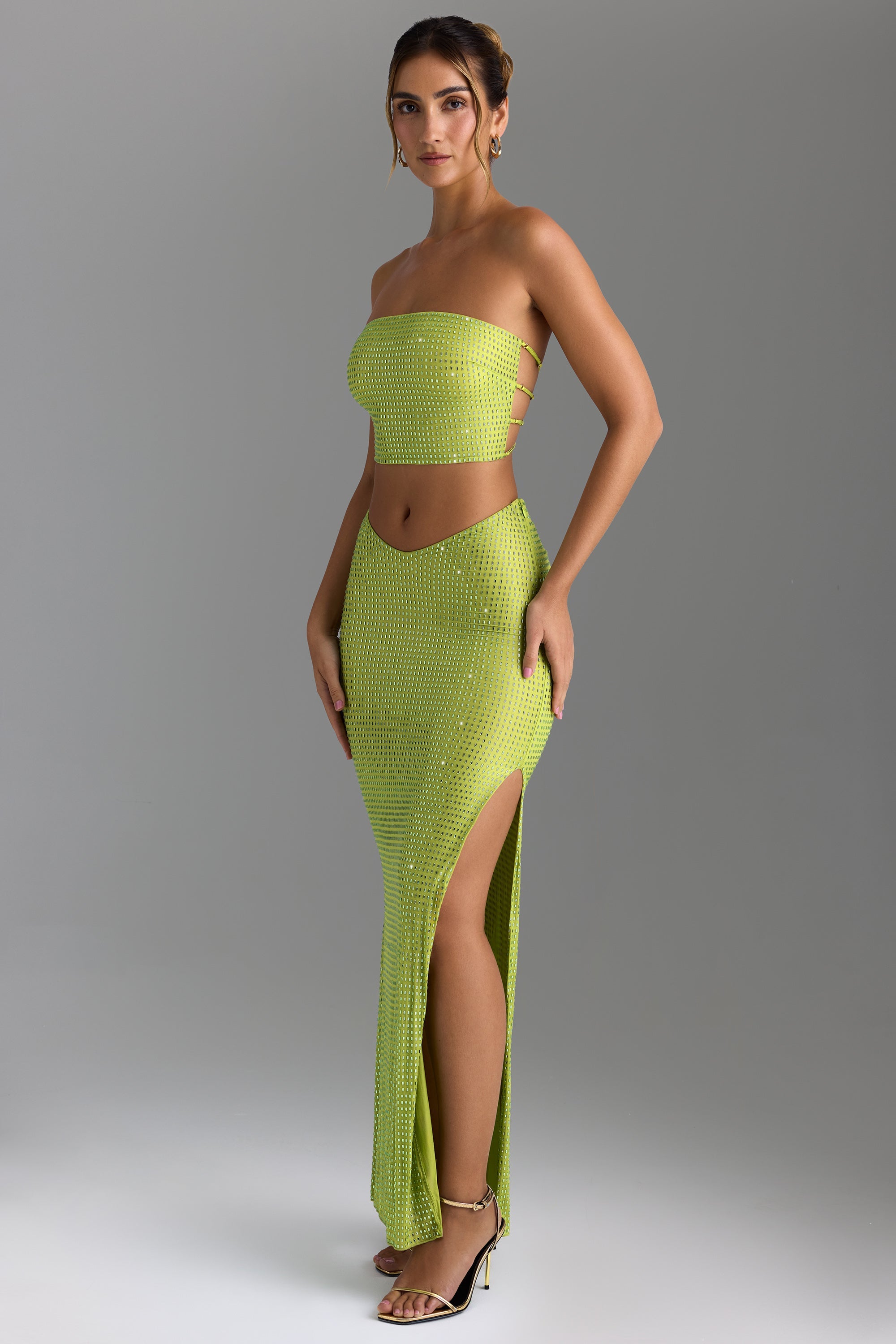 Pelagia Embellished V-Waist Maxi Skirt in Pear Green - Image 6
