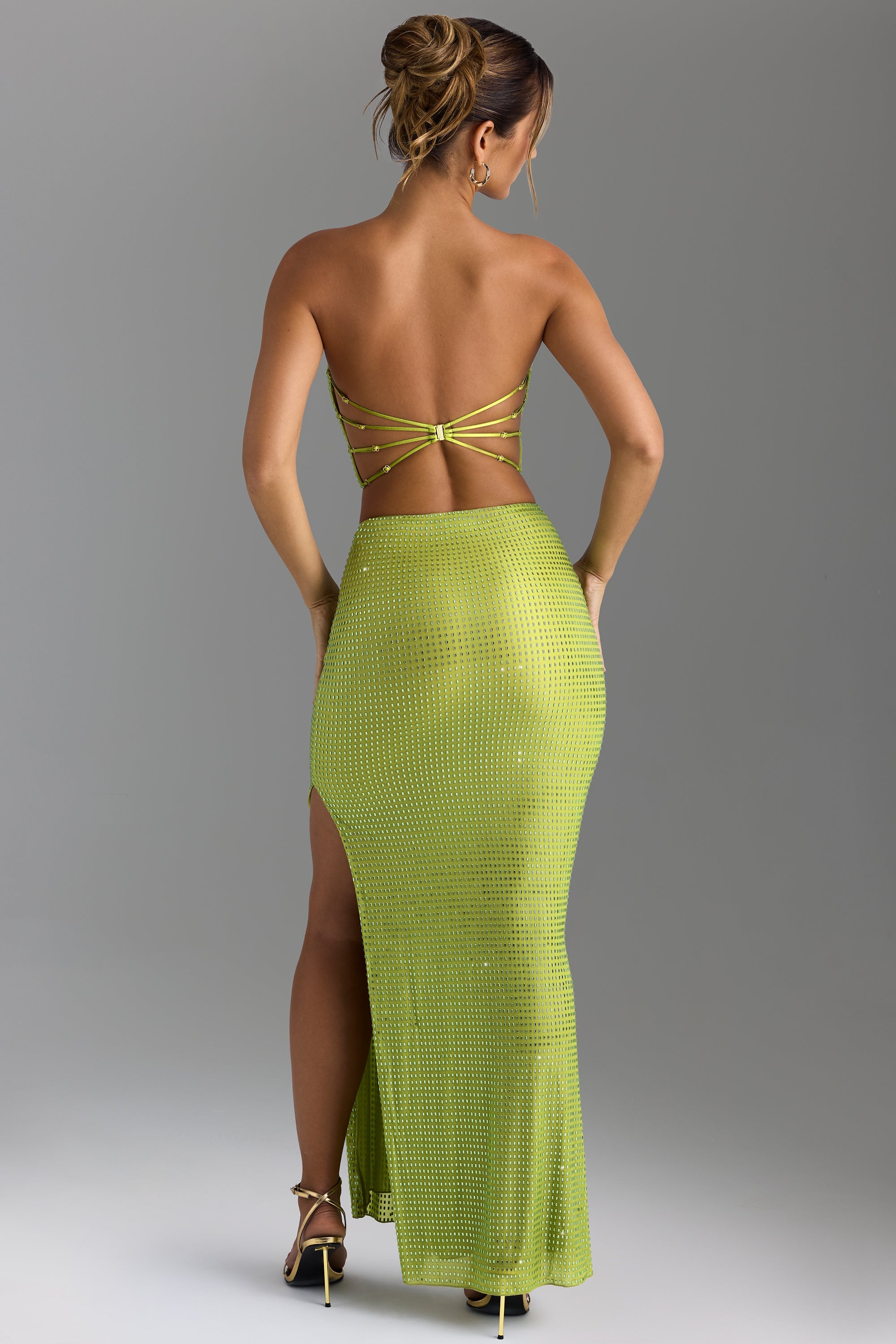 Pelagia Embellished V-Waist Maxi Skirt in Pear Green - Image 2