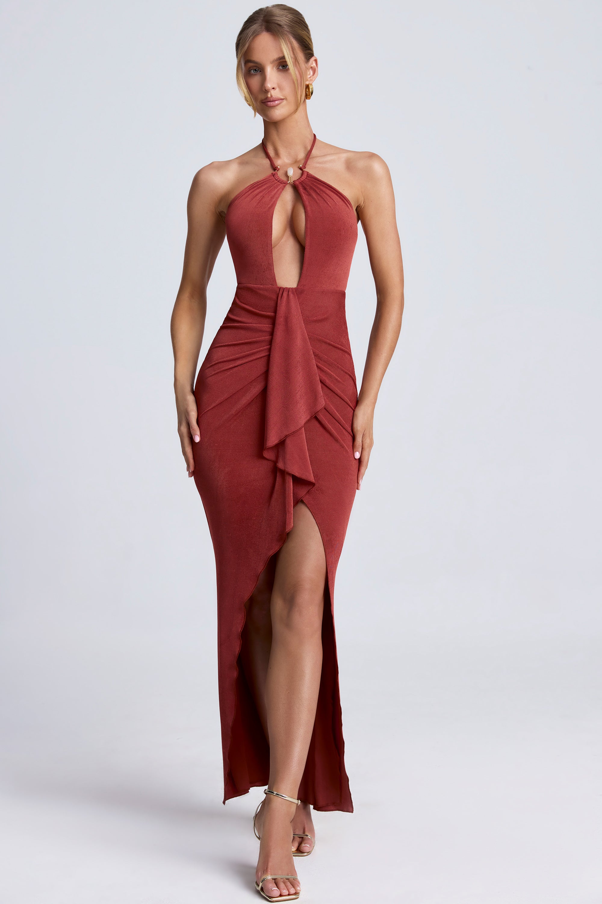 Margot Hardware Detail Cut-Out Halterneck Maxi Dress in Auburn Brown - Image 6