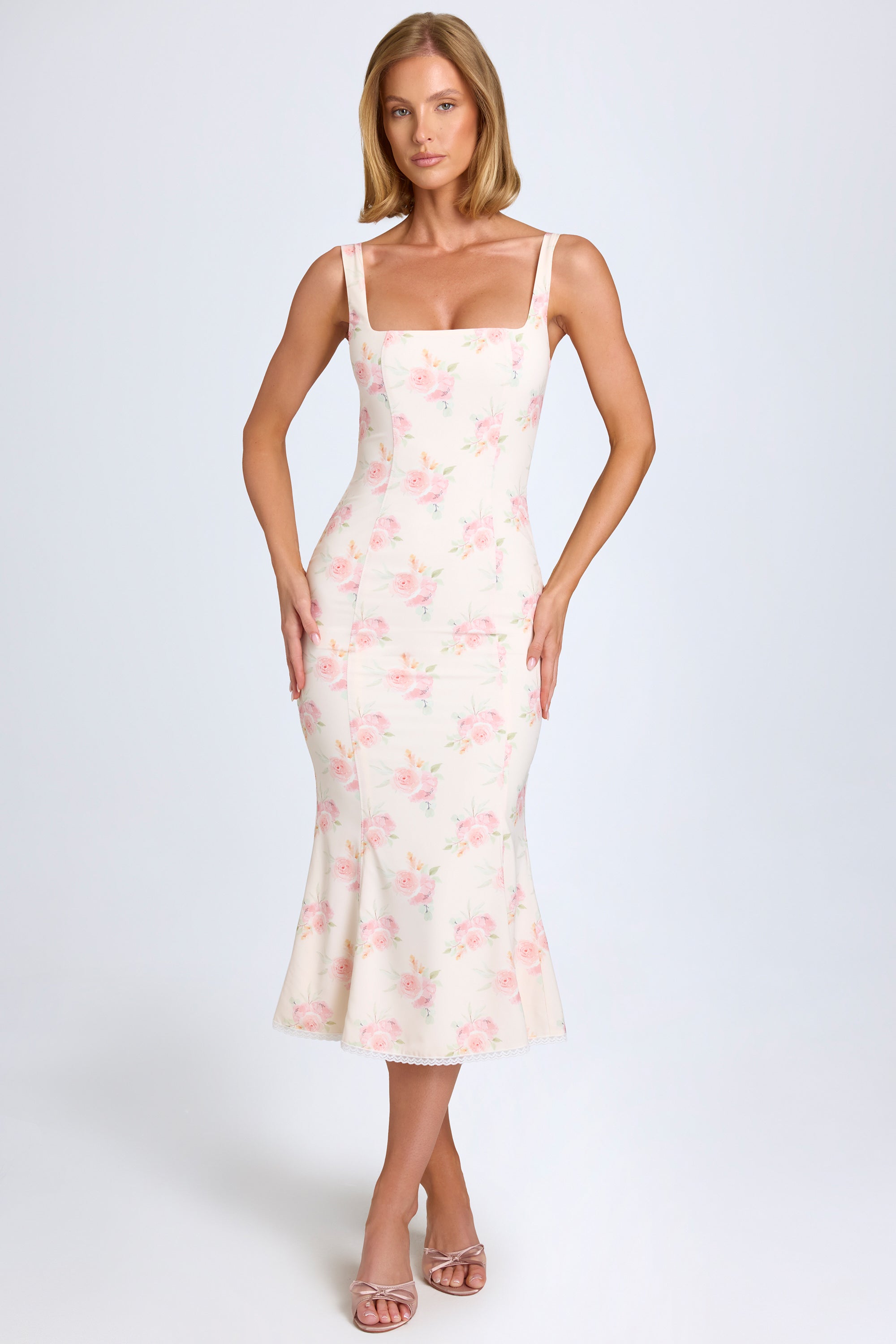Petula Lace-Trim Midaxi Dress in Large Rose Print - Image 6