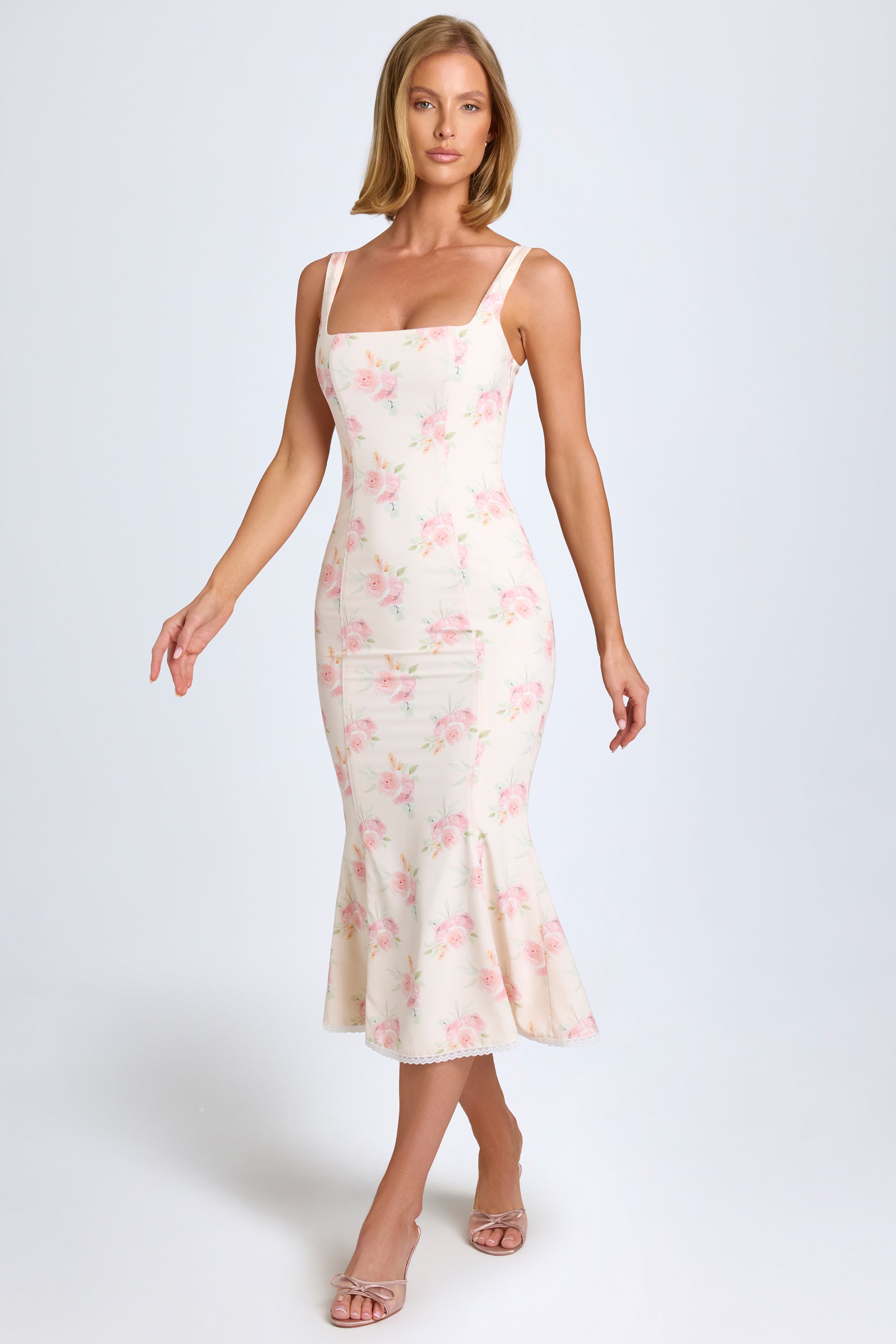 Petula Lace-Trim Midaxi Dress in Large Rose Print - Image 7