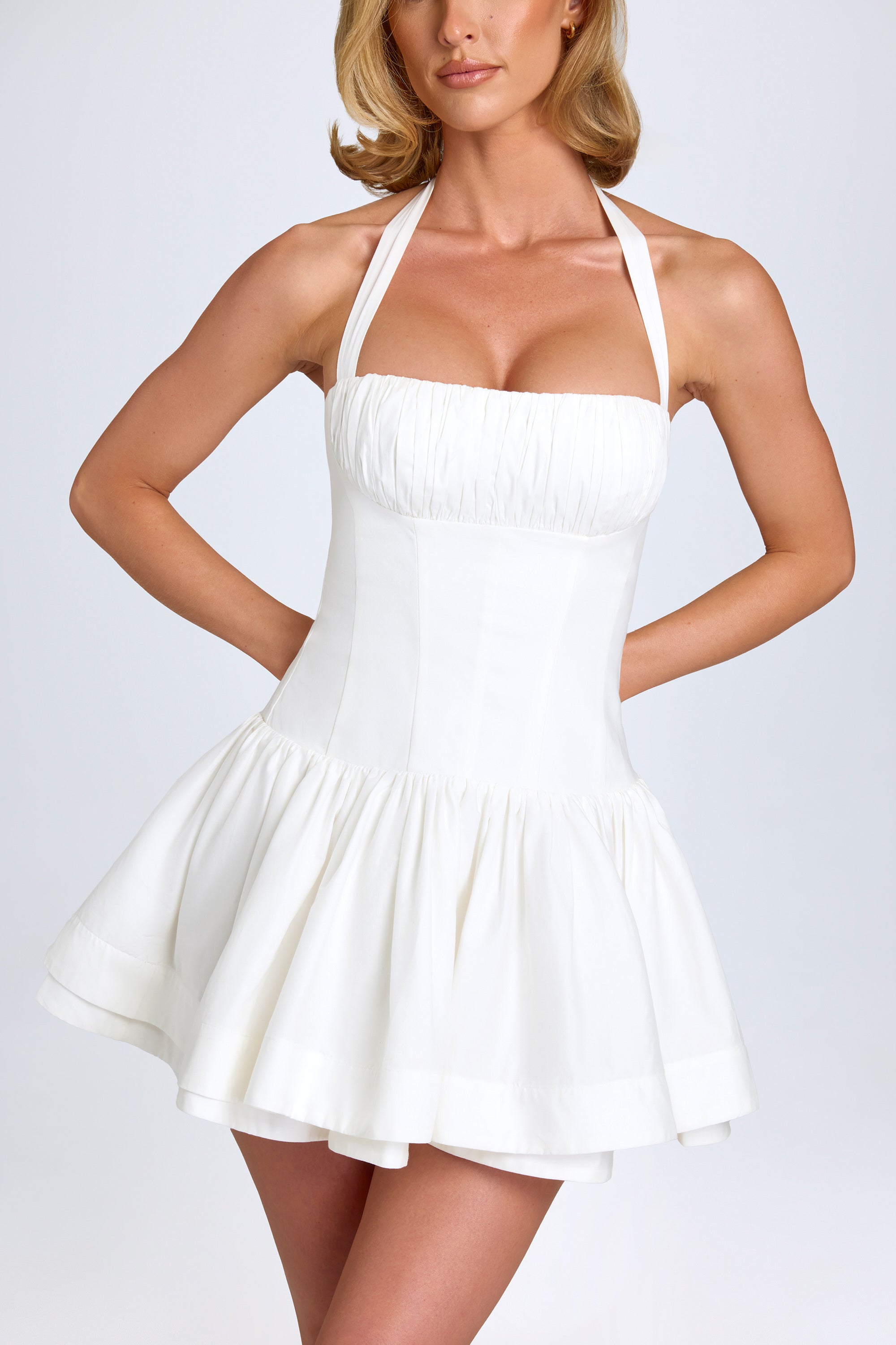Maybelle Ruched Halterneck Mini Dress in White - Image 4