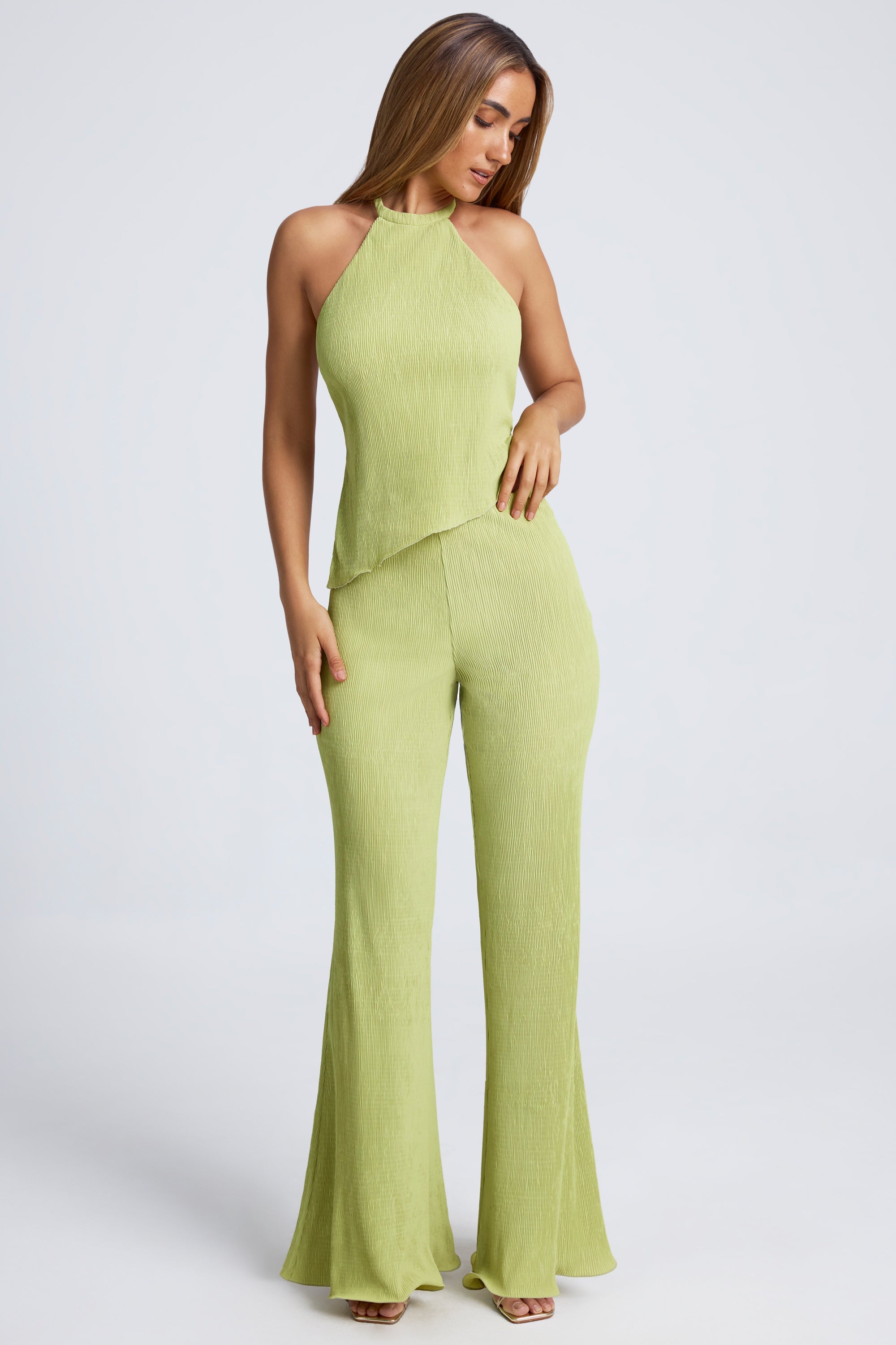 Capri High-Waist Wide-Leg Trousers in Olive Green