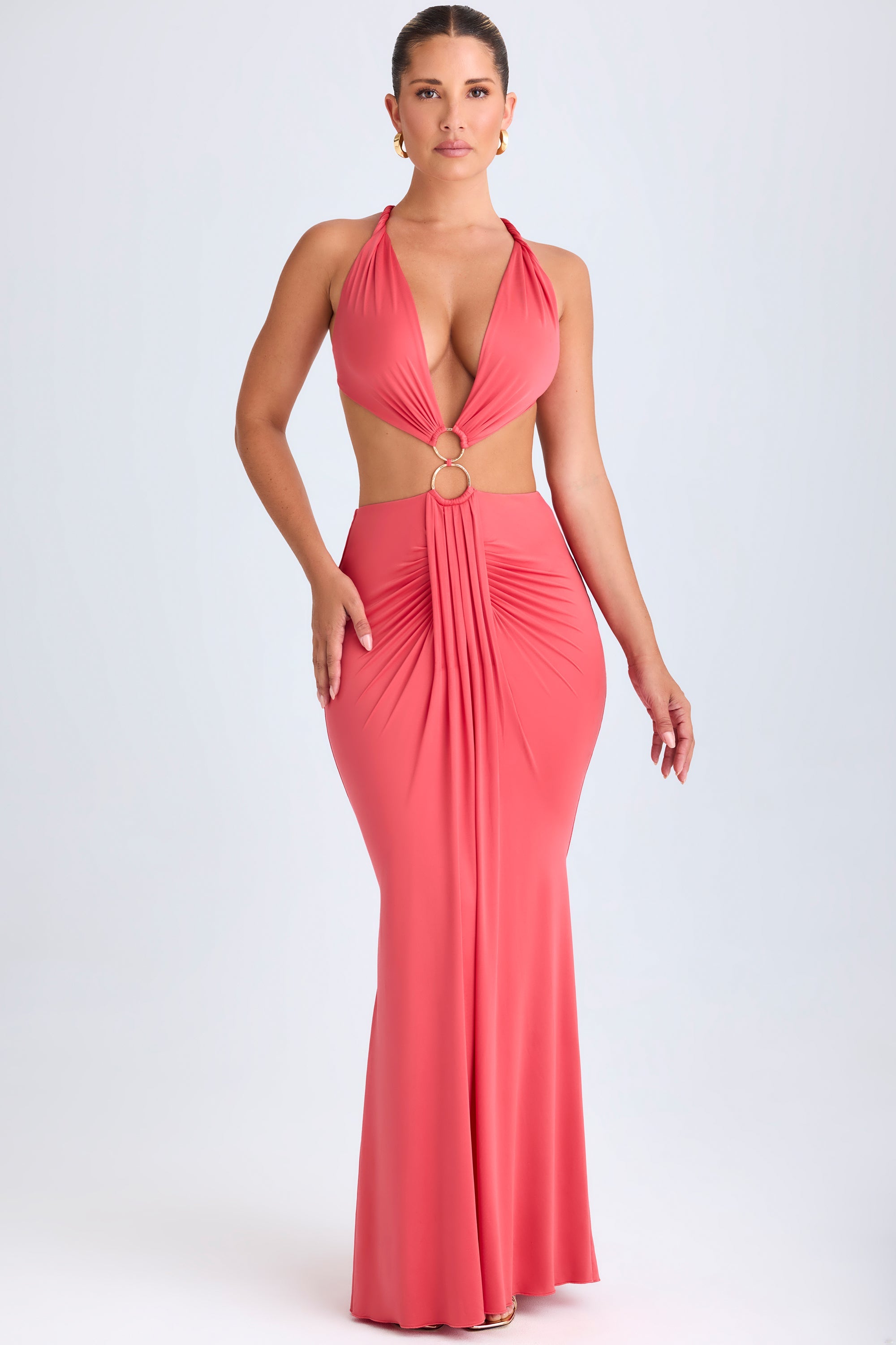 Omarosa Hardware Detail Cut-Out Halterneck Maxi Dress in Coral - Image 7