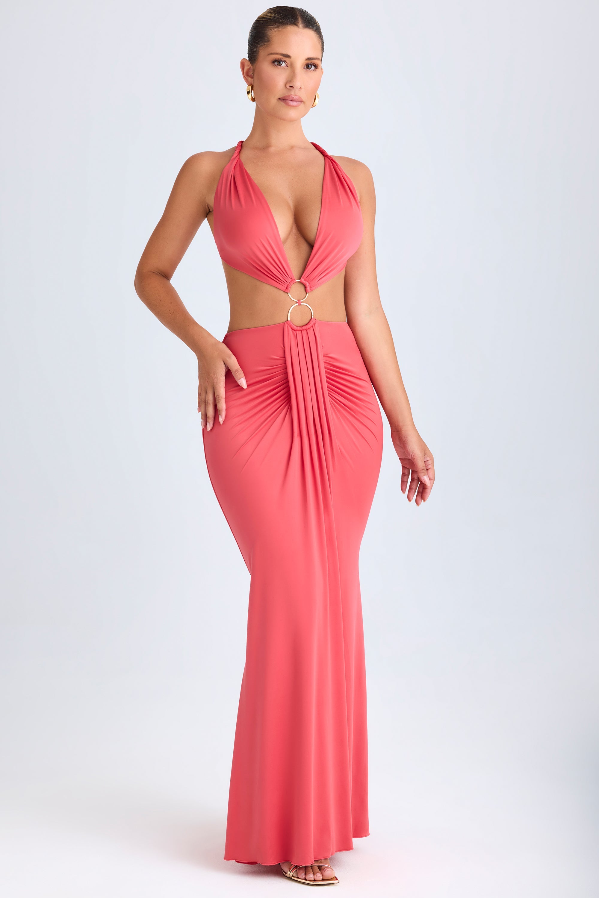 Omarosa Hardware Detail Cut-Out Halterneck Maxi Dress in Coral - Image 6