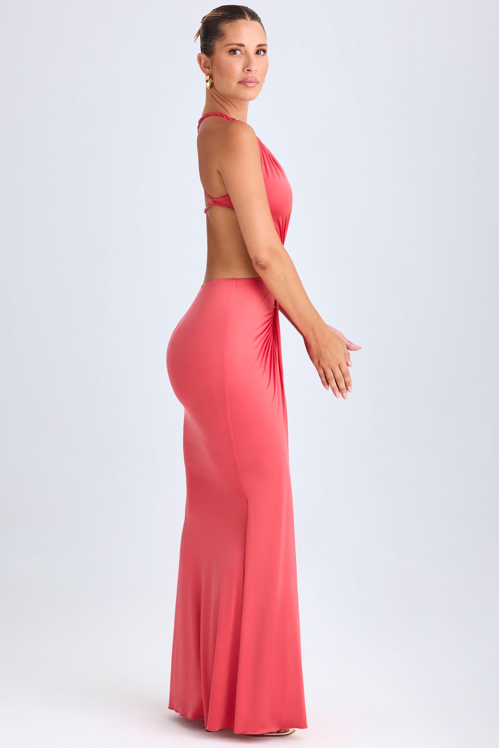 Omarosa Hardware Detail Cut-Out Halterneck Maxi Dress in Coral - Image 3
