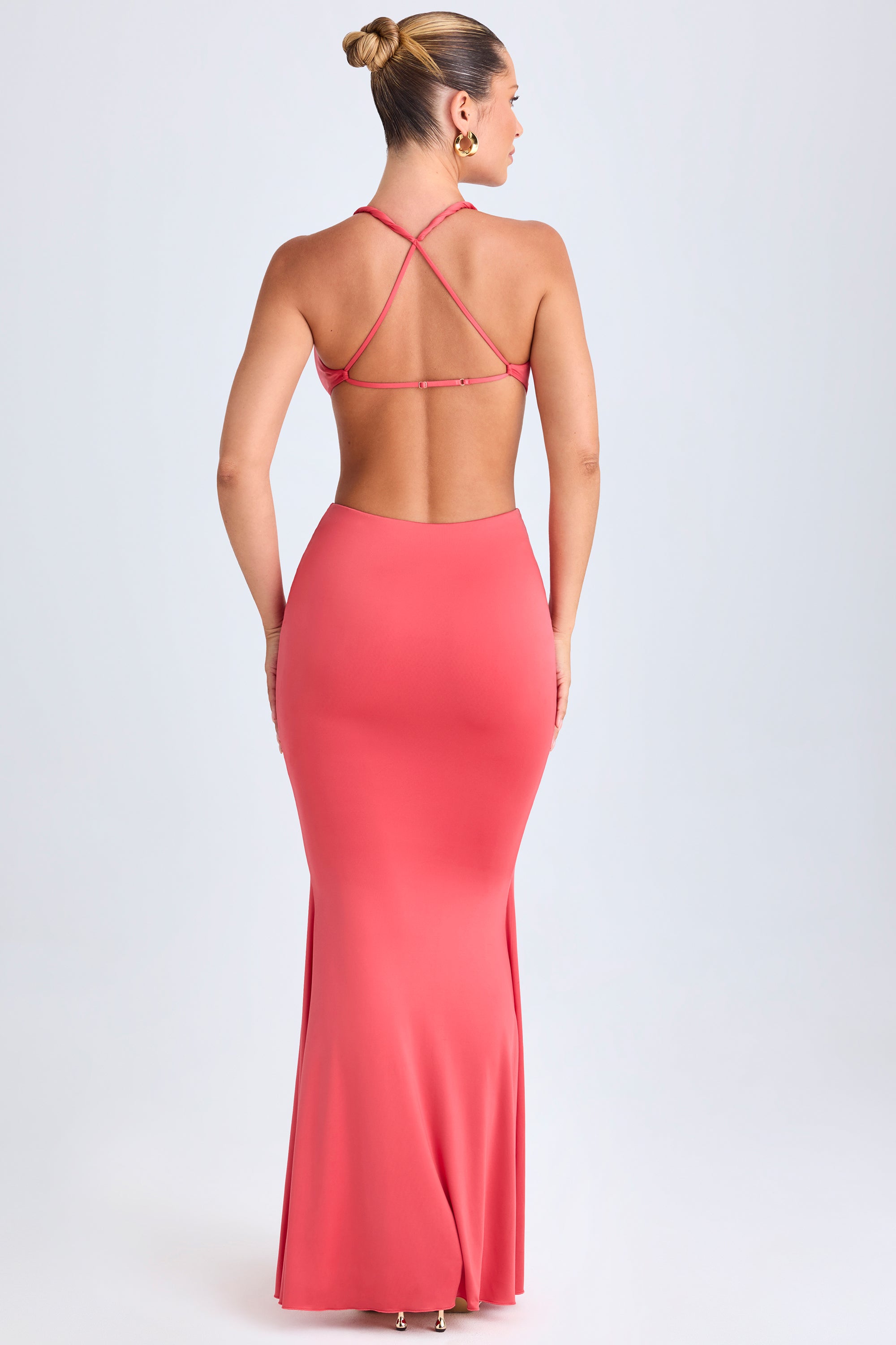 Omarosa Hardware Detail Cut-Out Halterneck Maxi Dress in Coral - Image 2