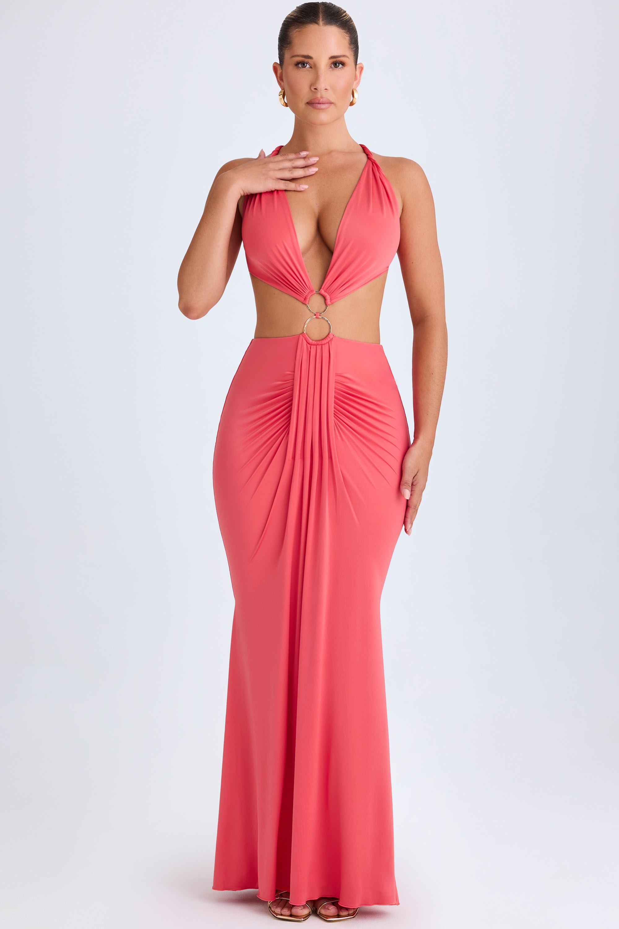 Omarosa Hardware Detail Cut-Out Halterneck Maxi Dress in Coral - Image 8