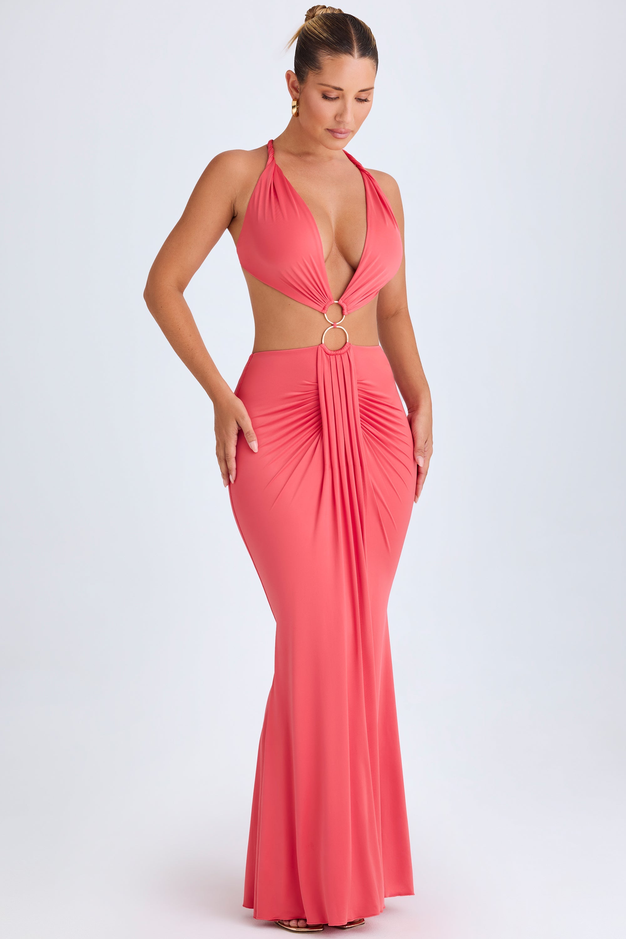 Omarosa Hardware Detail Cut-Out Halterneck Maxi Dress in Coral - Image 4