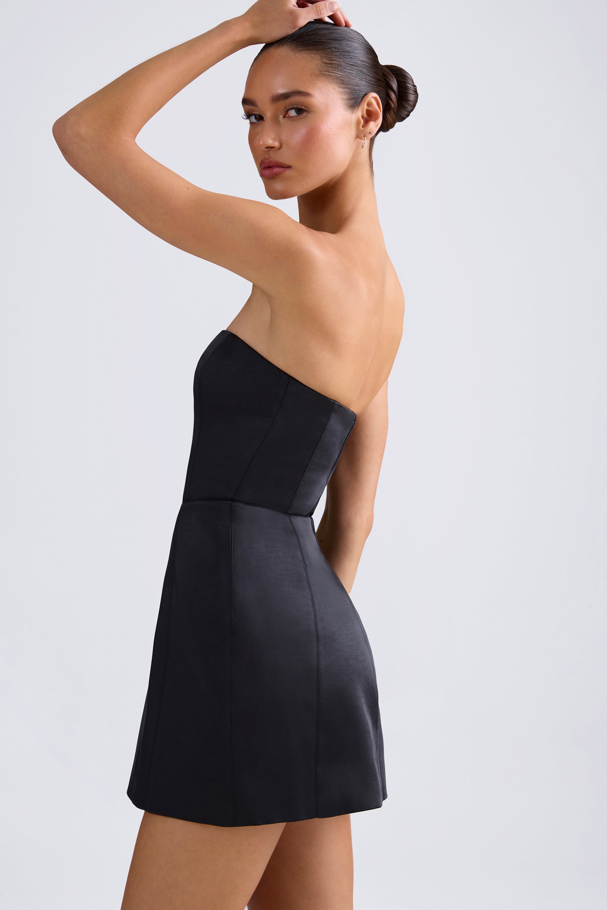 Haisley Bandeau Structured Tulip Mini Dress in Black - Image 3