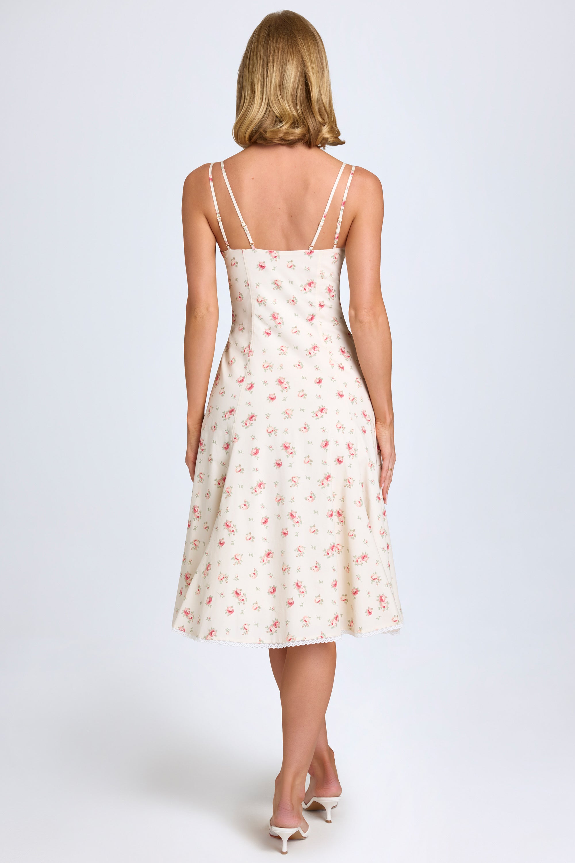 Mallory Bow-Detail Lace-Trim A-Line Midi Dress in Small Rose Print - Image 3