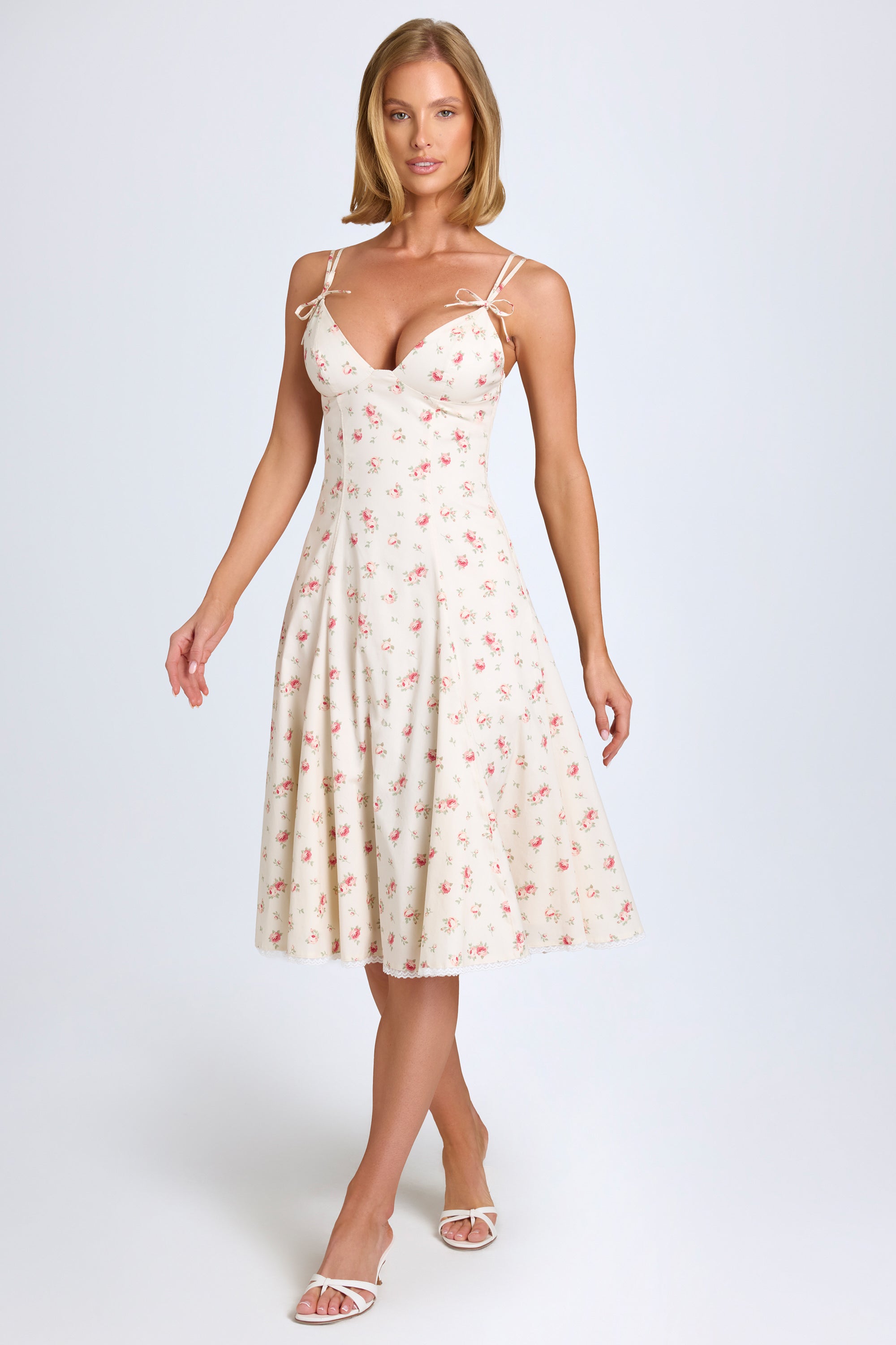 Mallory Bow-Detail Lace-Trim A-Line Midi Dress in Small Rose Print - Image 6