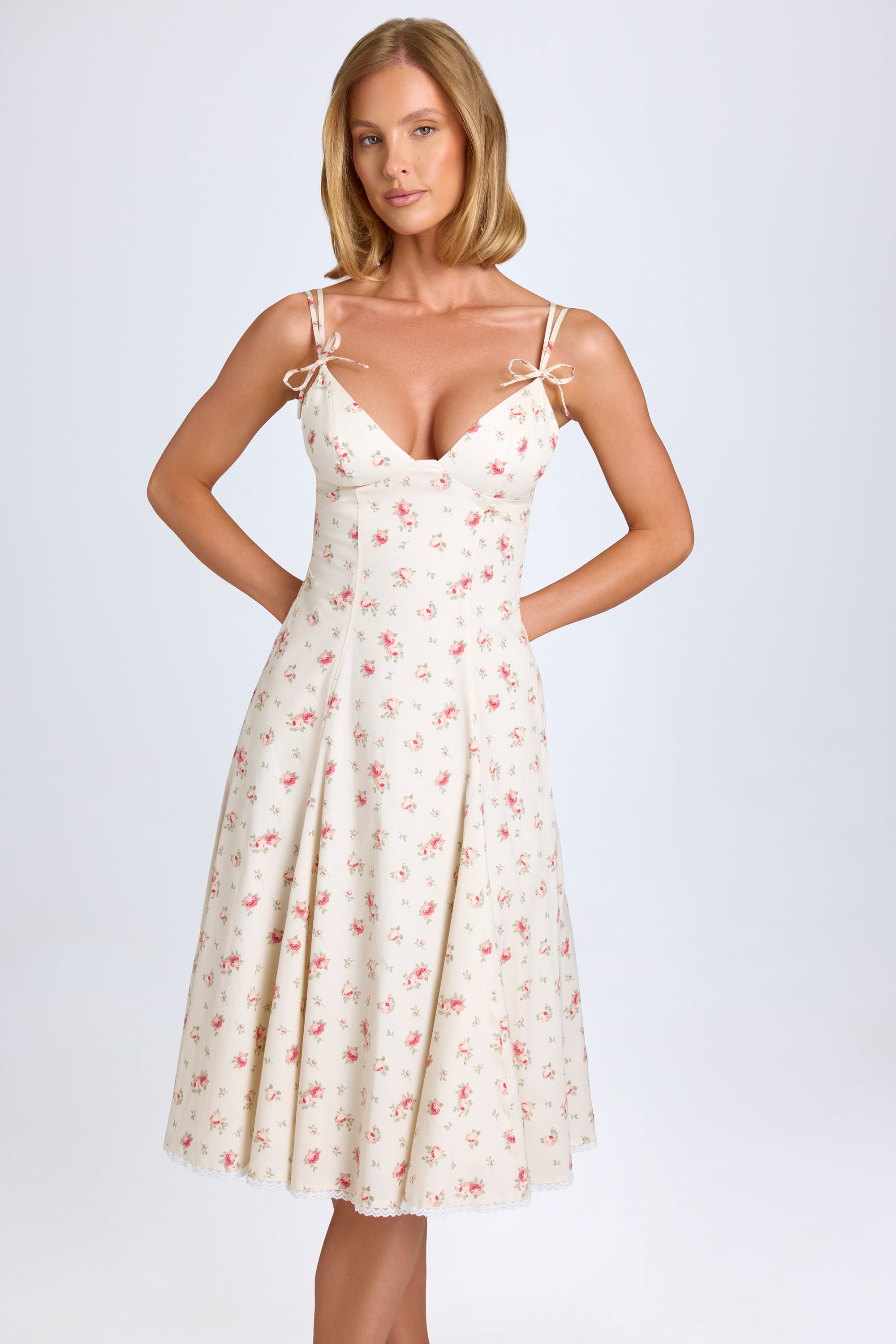 Mallory Bow-Detail Lace-Trim A-Line Midi Dress in Small Rose Print - Image 7