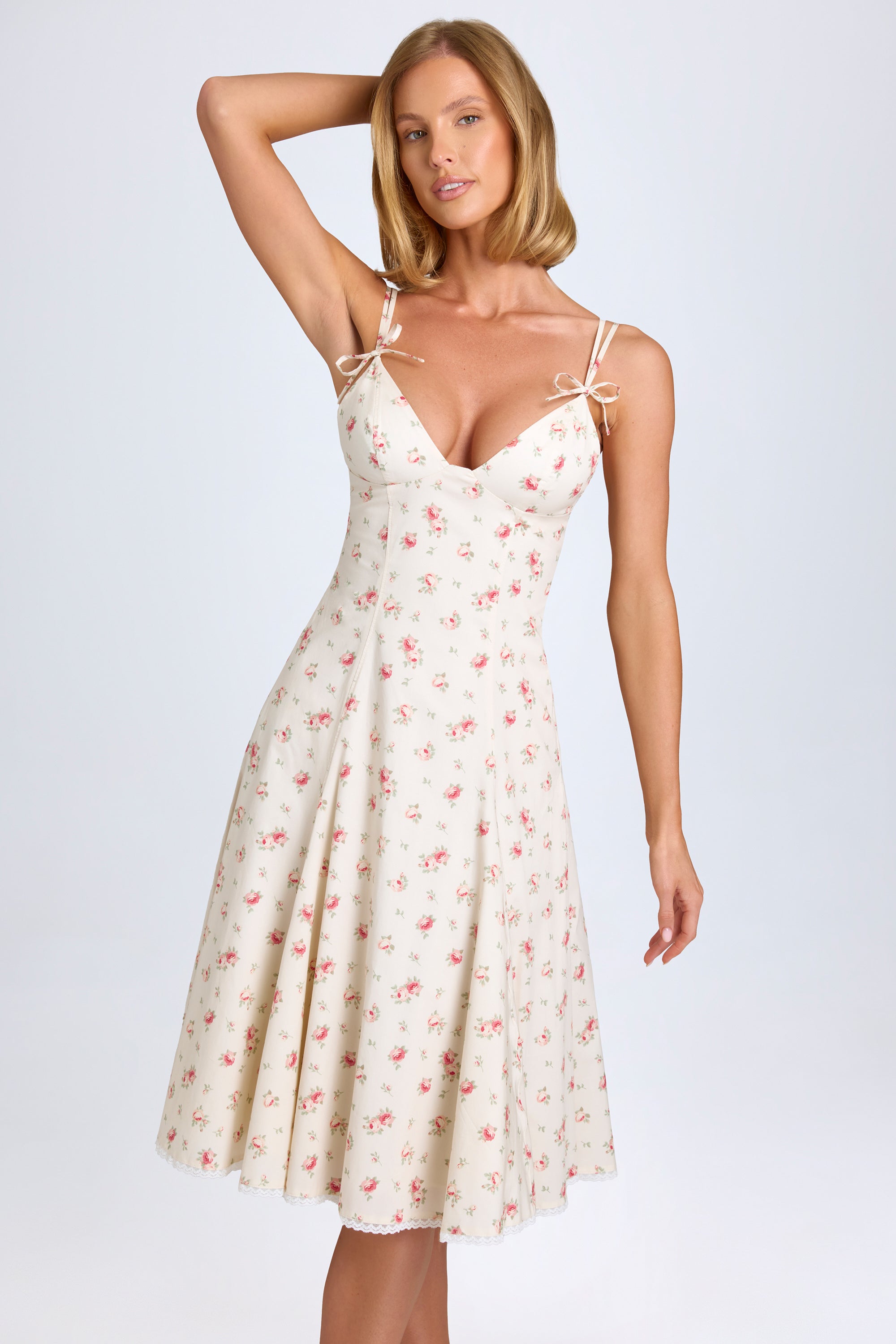 Mallory Bow-Detail Lace-Trim A-Line Midi Dress in Small Rose Print - Image 8