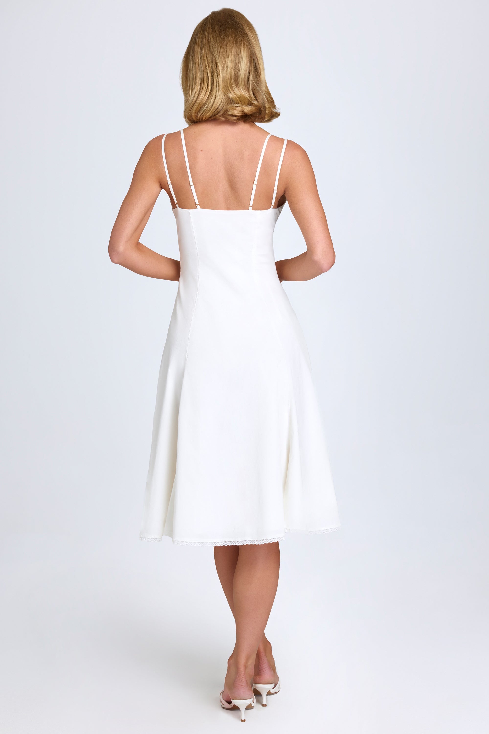 Mallory Bow-Detail Lace-Trim A-Line Midi Dress in White - Image 2