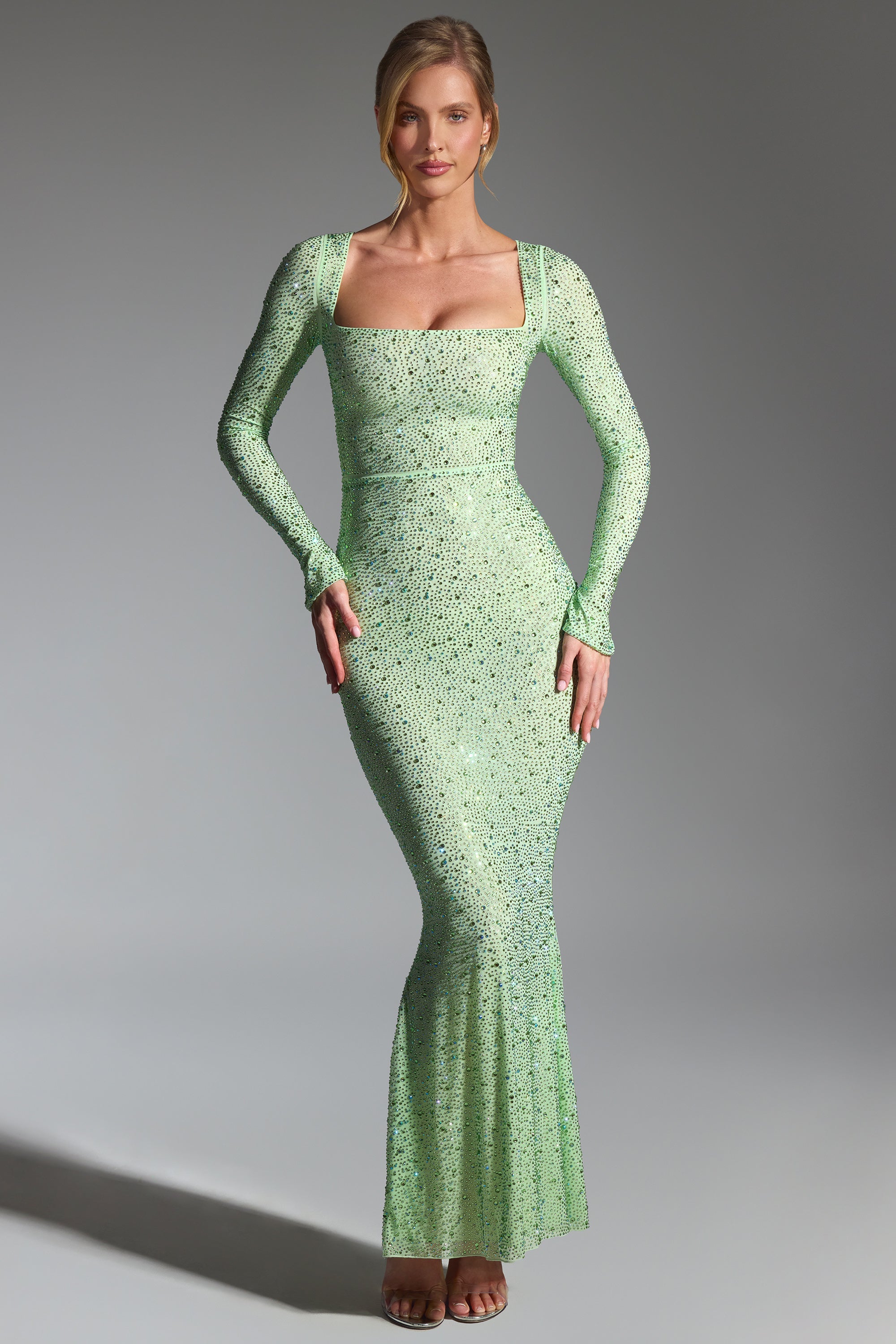 Cassiopeia Embellished Fishtail Maxi Dress in Pistachio