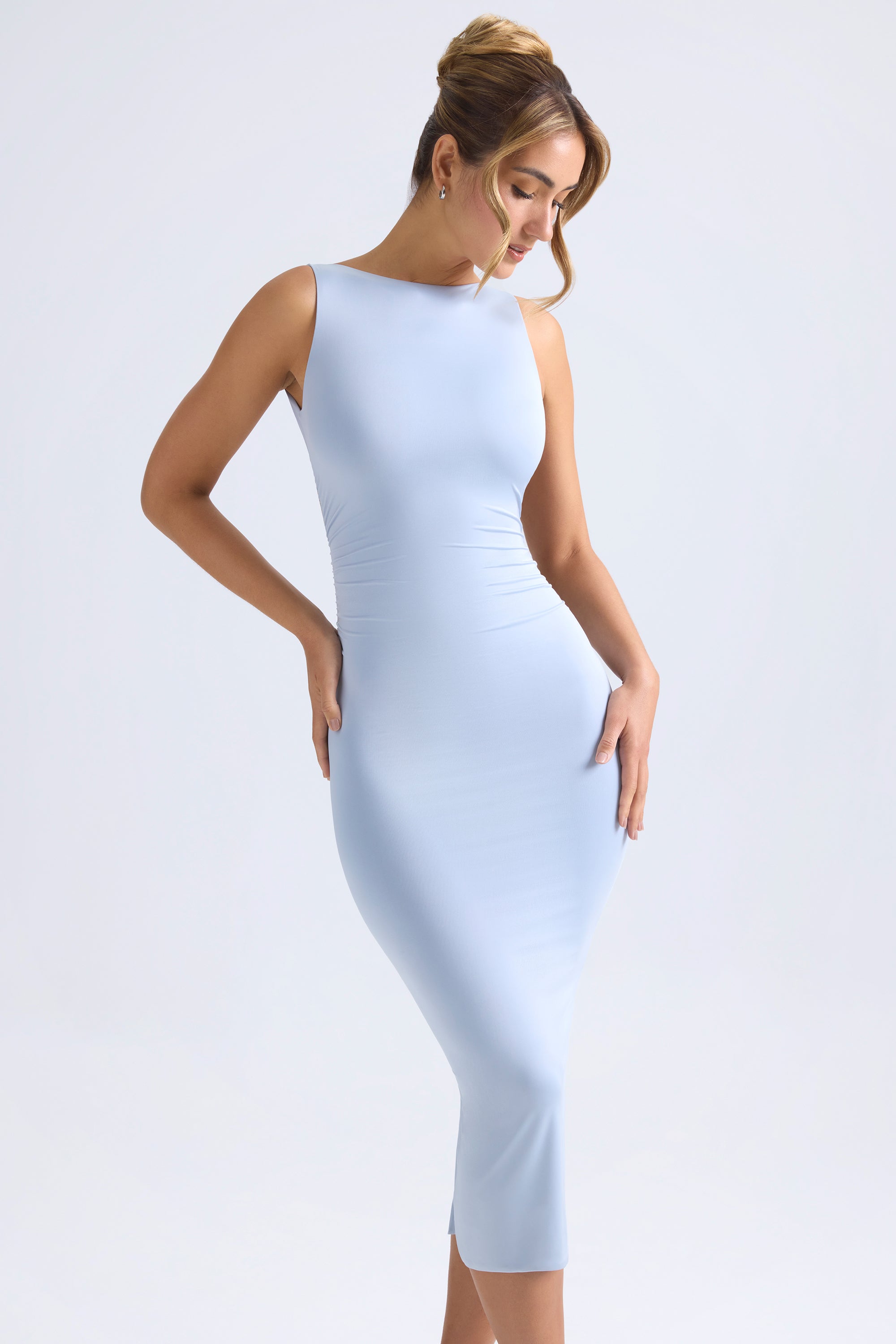 Grainne Ruched Open-Back Midaxi Dress in Light Blue