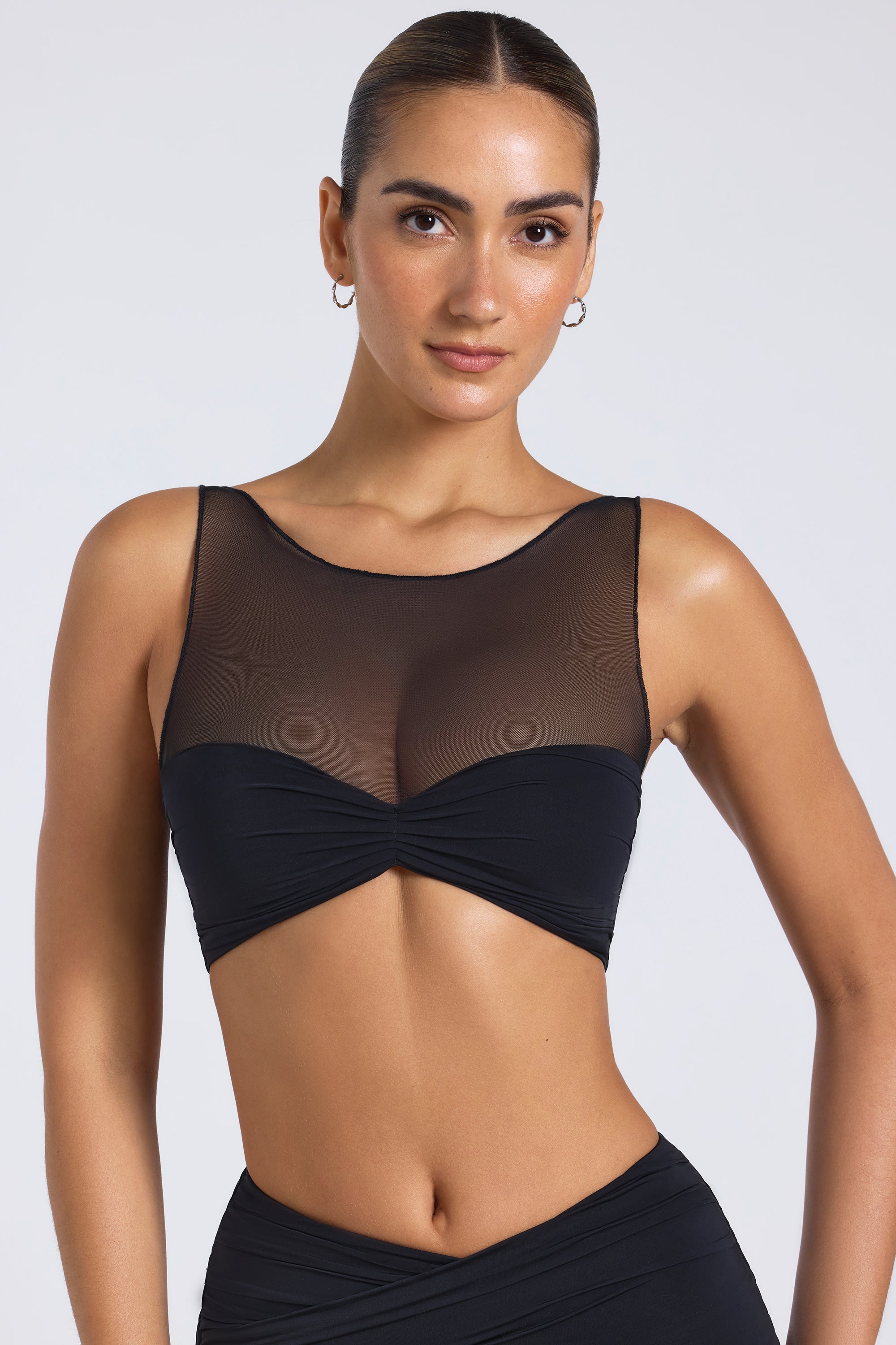 Yume Sheer Panelled Ruched Crop Top in Black