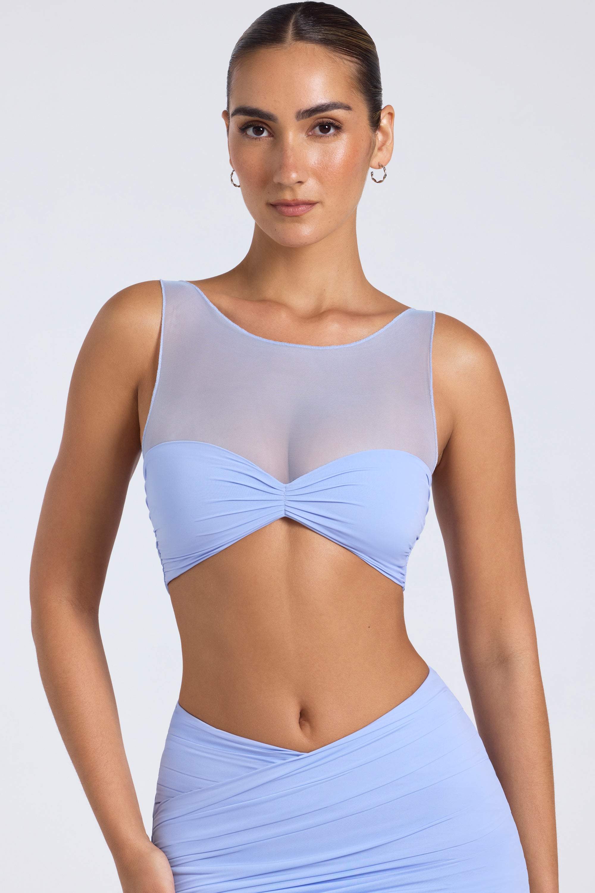 Yume Sheer Panelled Ruched Crop Top in Periwinkle Blue