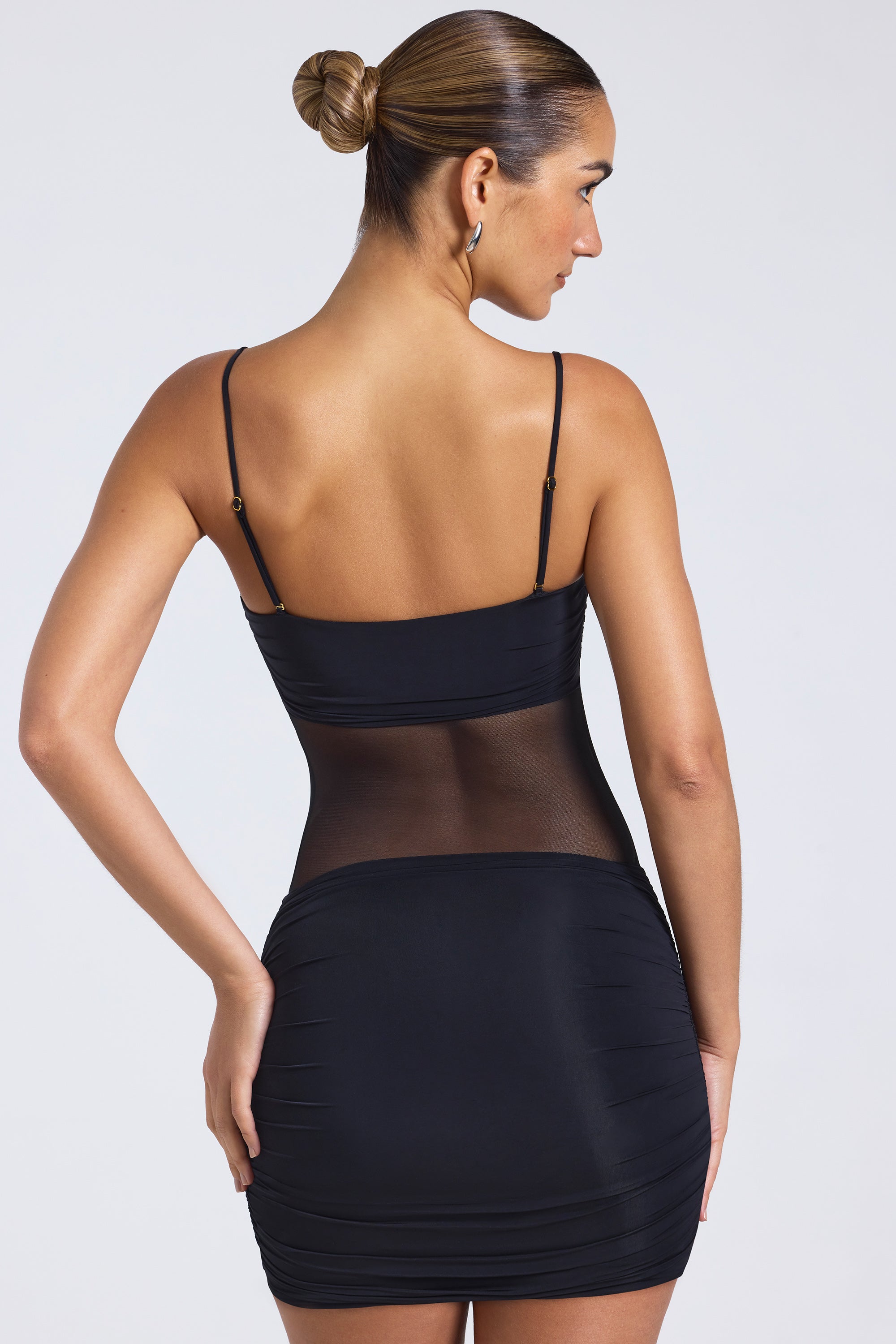 Eislyn Sheer Panelled Ruched Mini Dress in Black - Image 2