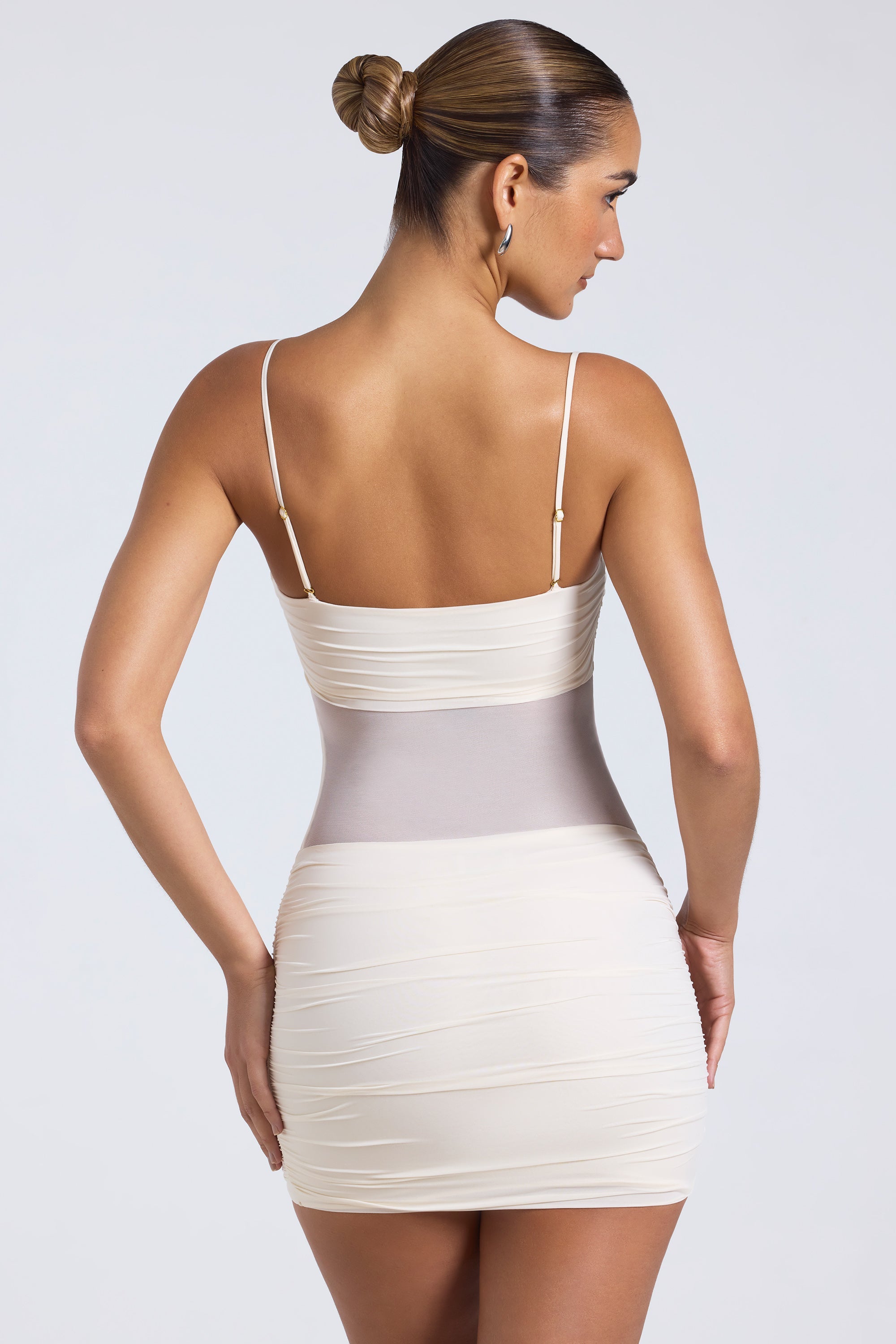 Eislyn Sheer Panelled Ruched Mini Dress in Ivory - Image 2