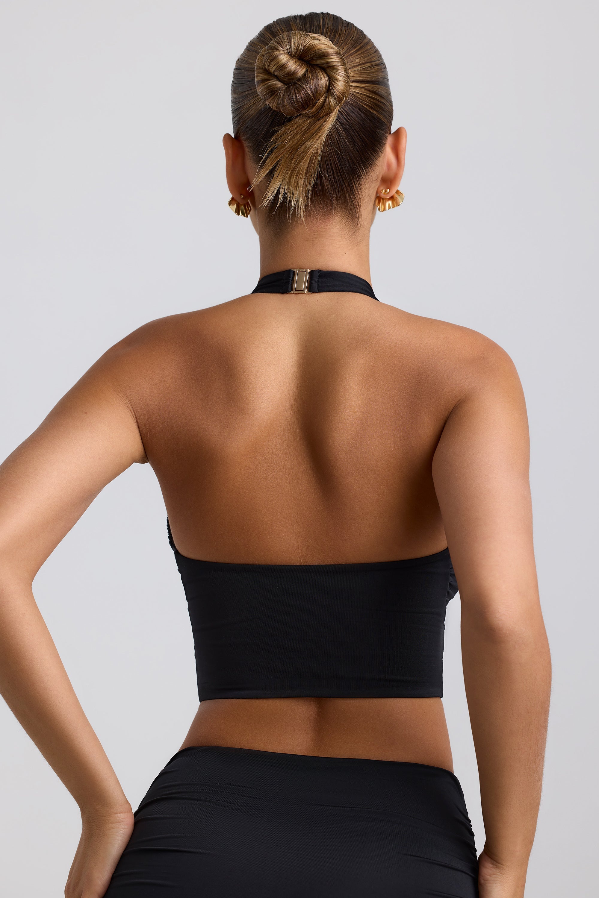 Chasina Slinky Jersey Ruched Halterneck Top in Black - Image 2