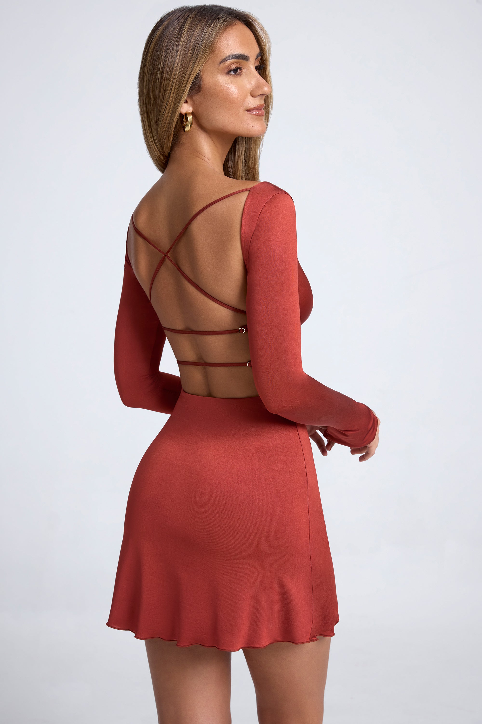 Tansy Open-Back A-line Mini Dress in Auburn Brown