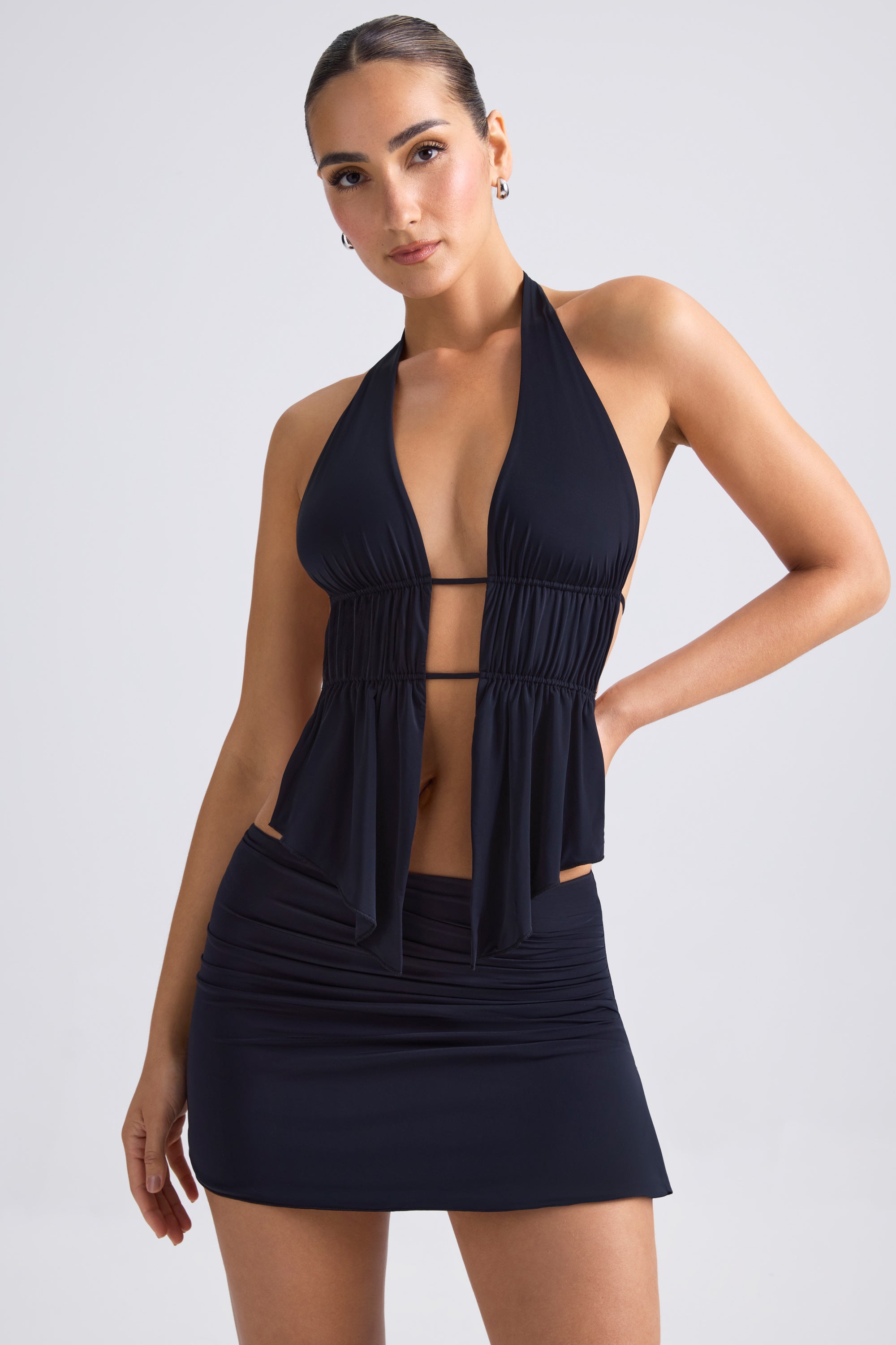 Larisa Cut-Out Ruched Halterneck Crop Top in Black - Image 11