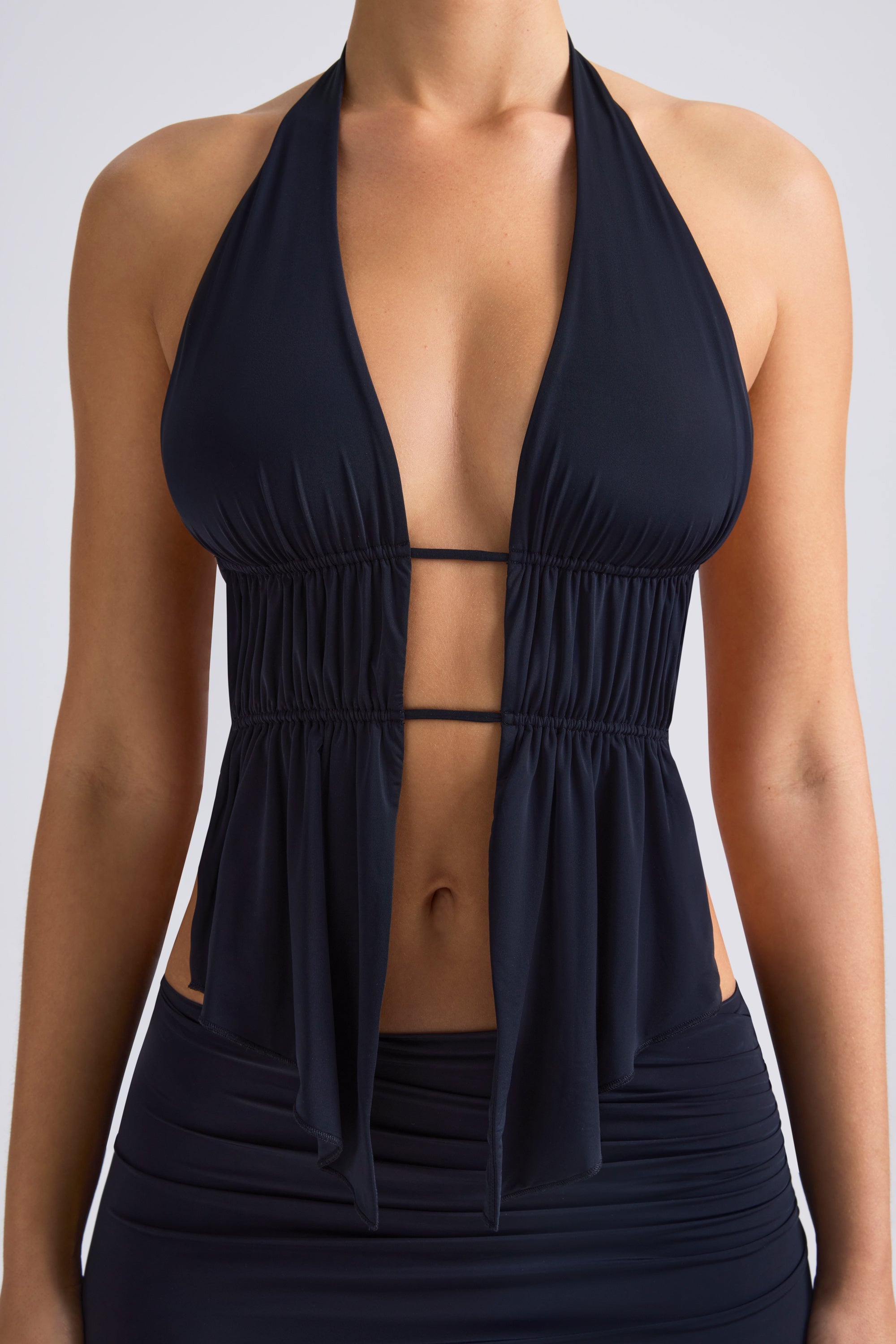 Larisa Cut-Out Ruched Halterneck Crop Top in Black - Image 4