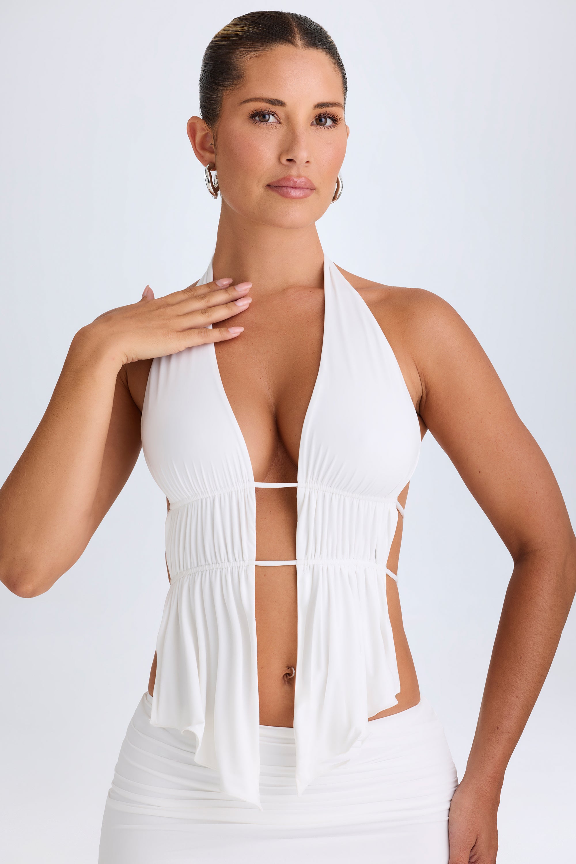 Larisa Cut-Out Ruched Halterneck Crop Top in White - Image 4