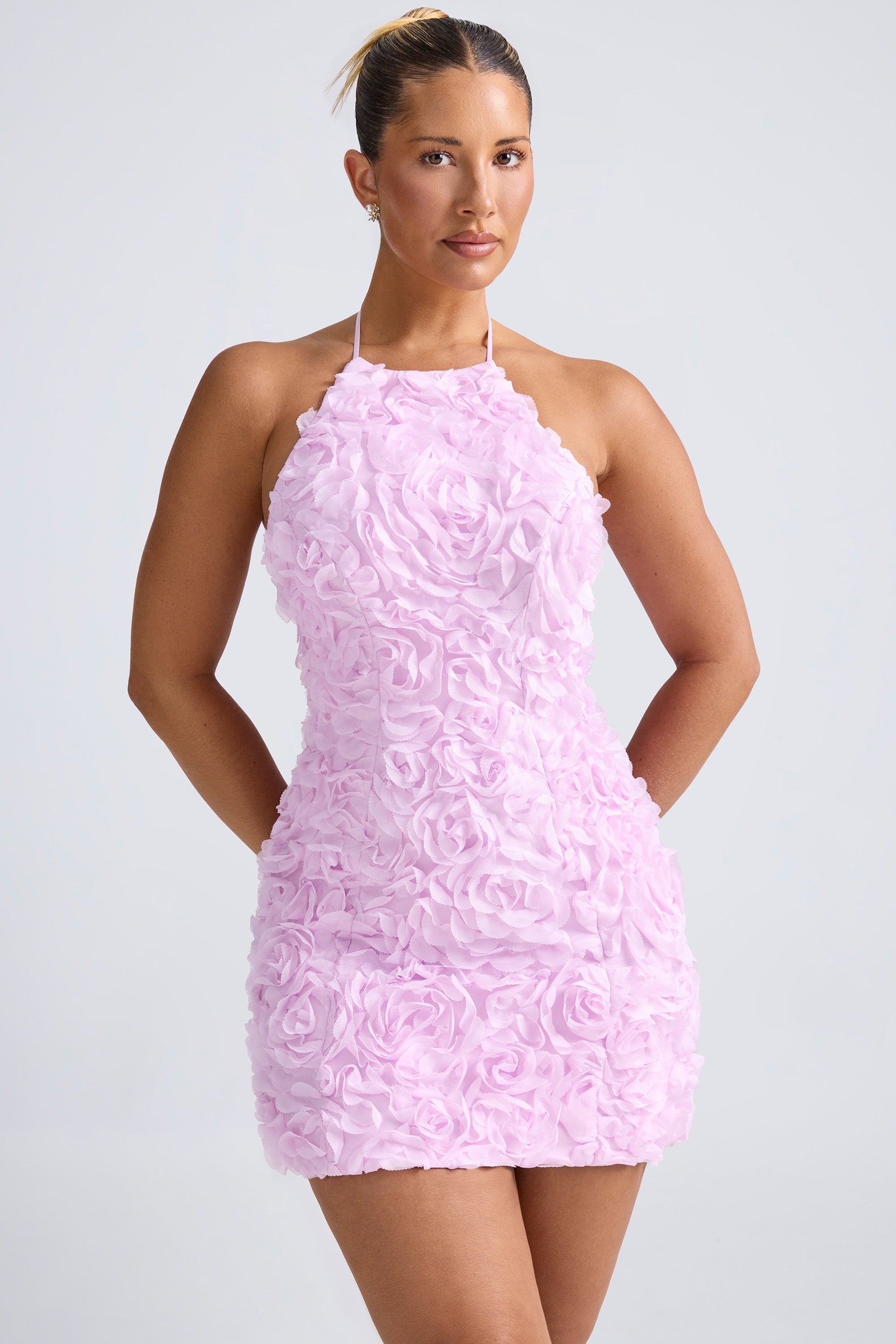 Bryony Floral-Appliqu?? Halterneck A-Line Mini Dress in Lilac - Image 5