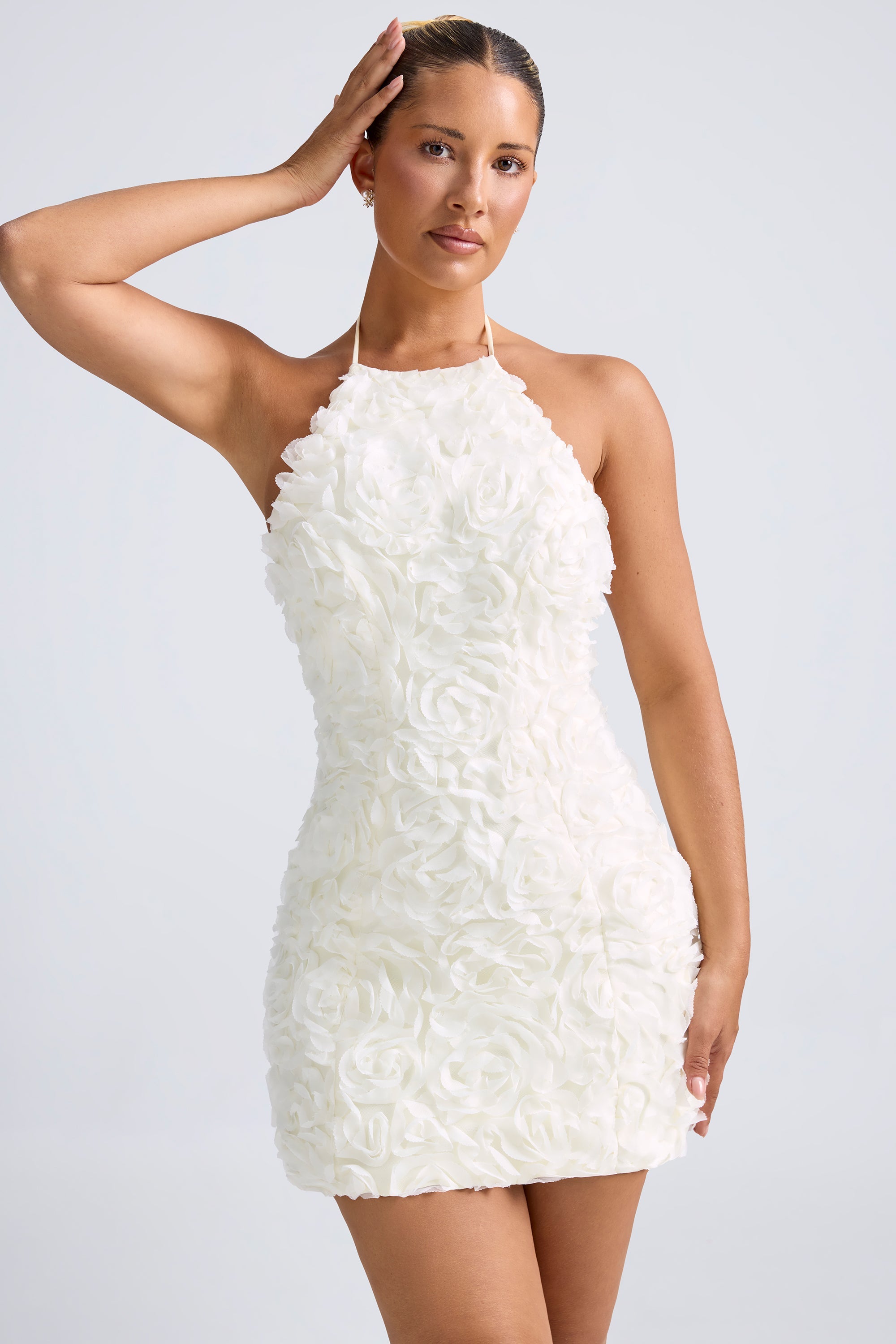 Bryony Floral-Appliqu?? Halterneck A-Line Mini Dress in White - Image 5