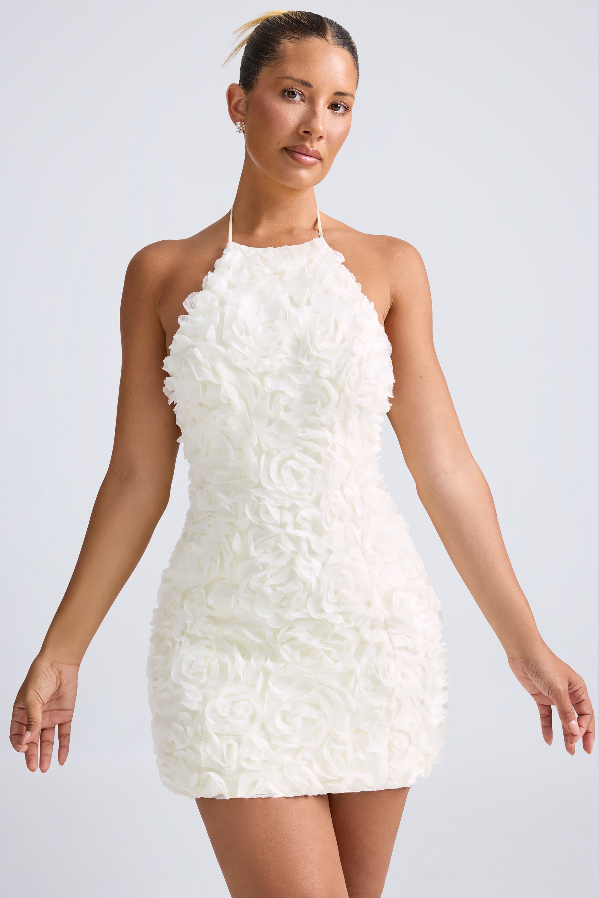 Bryony Floral-Appliqu?? Halterneck A-Line Mini Dress in White - Image 6