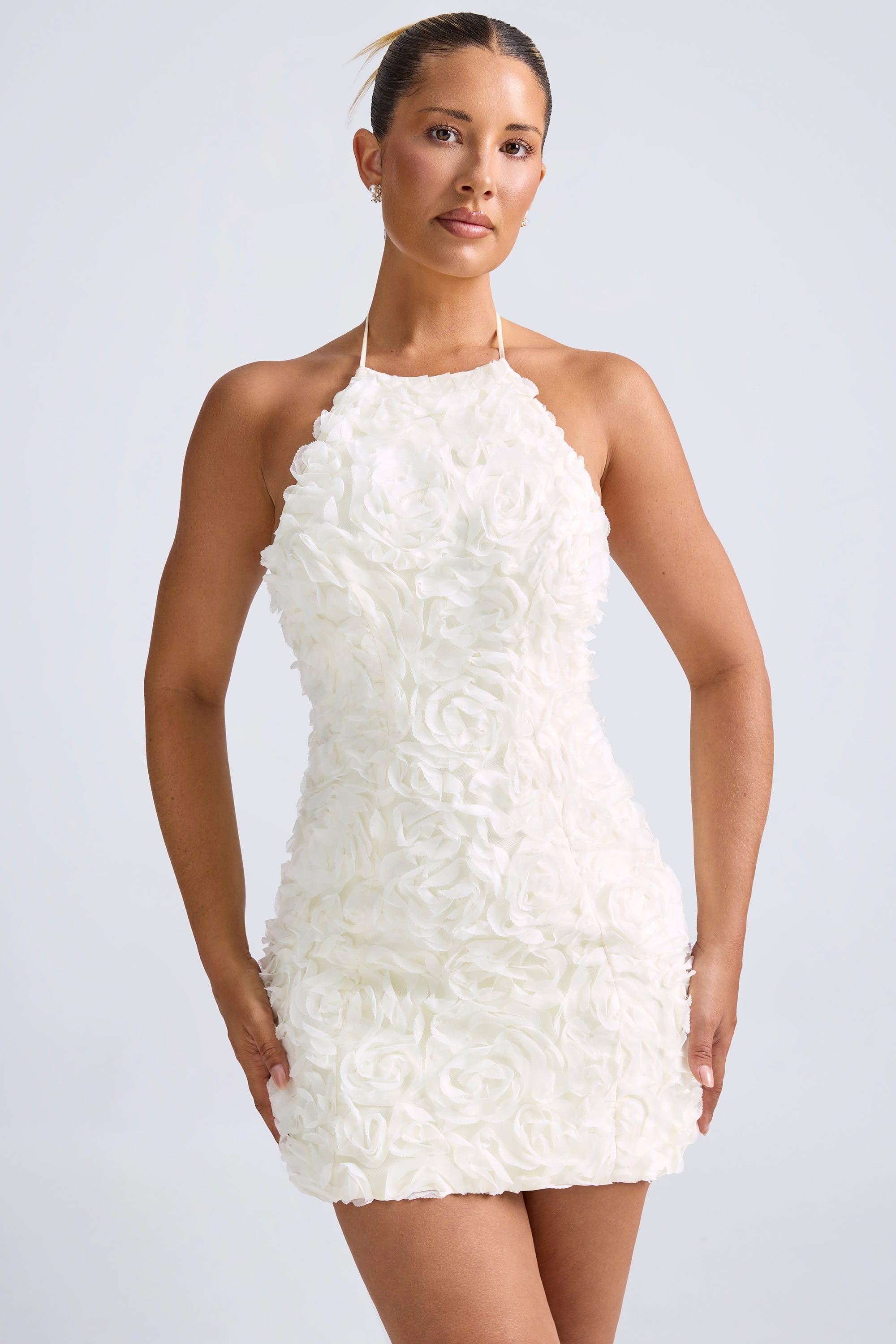 Bryony Floral-Appliqu?? Halterneck A-Line Mini Dress in White