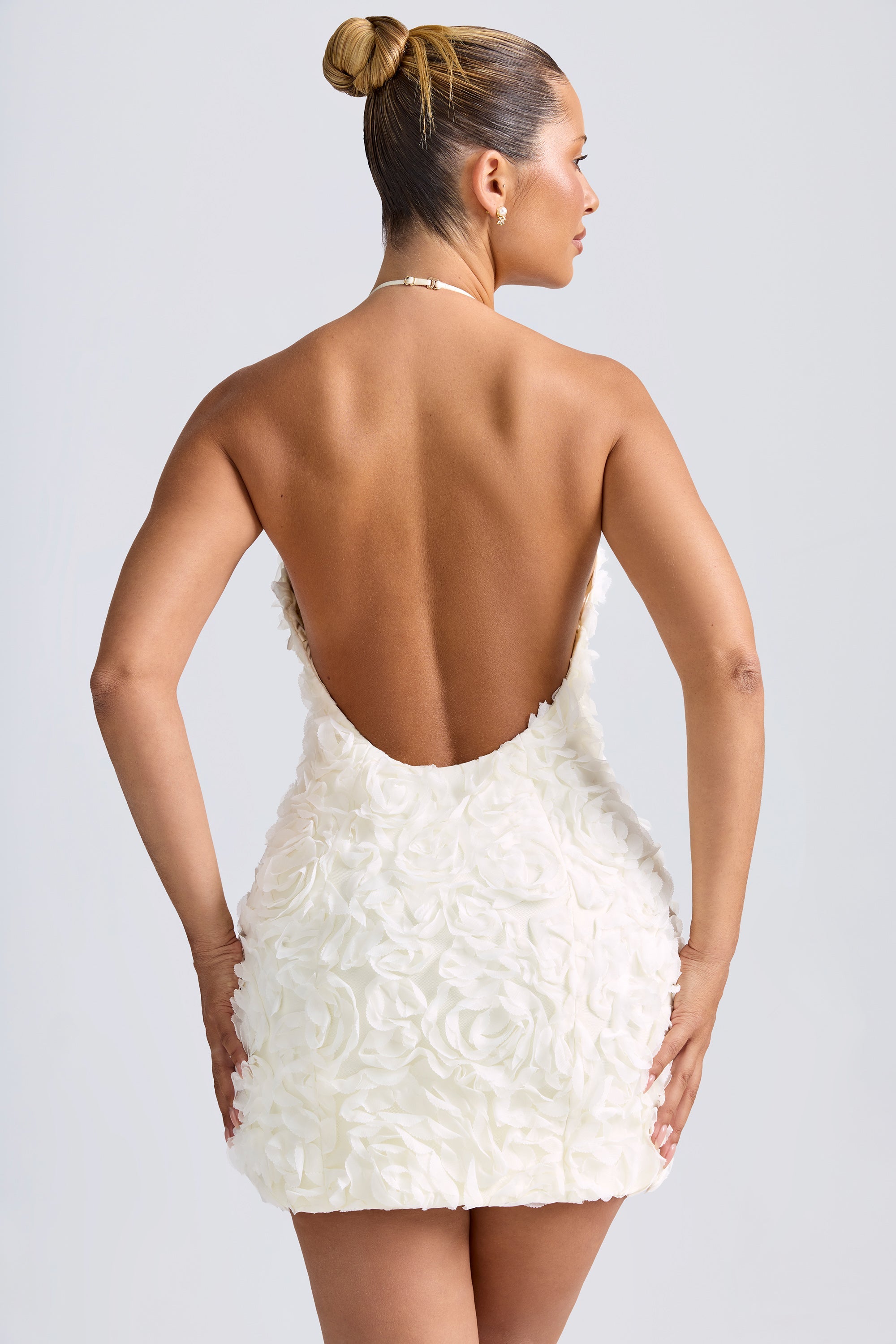 Bryony Floral-Appliqu?? Halterneck A-Line Mini Dress in White - Image 2