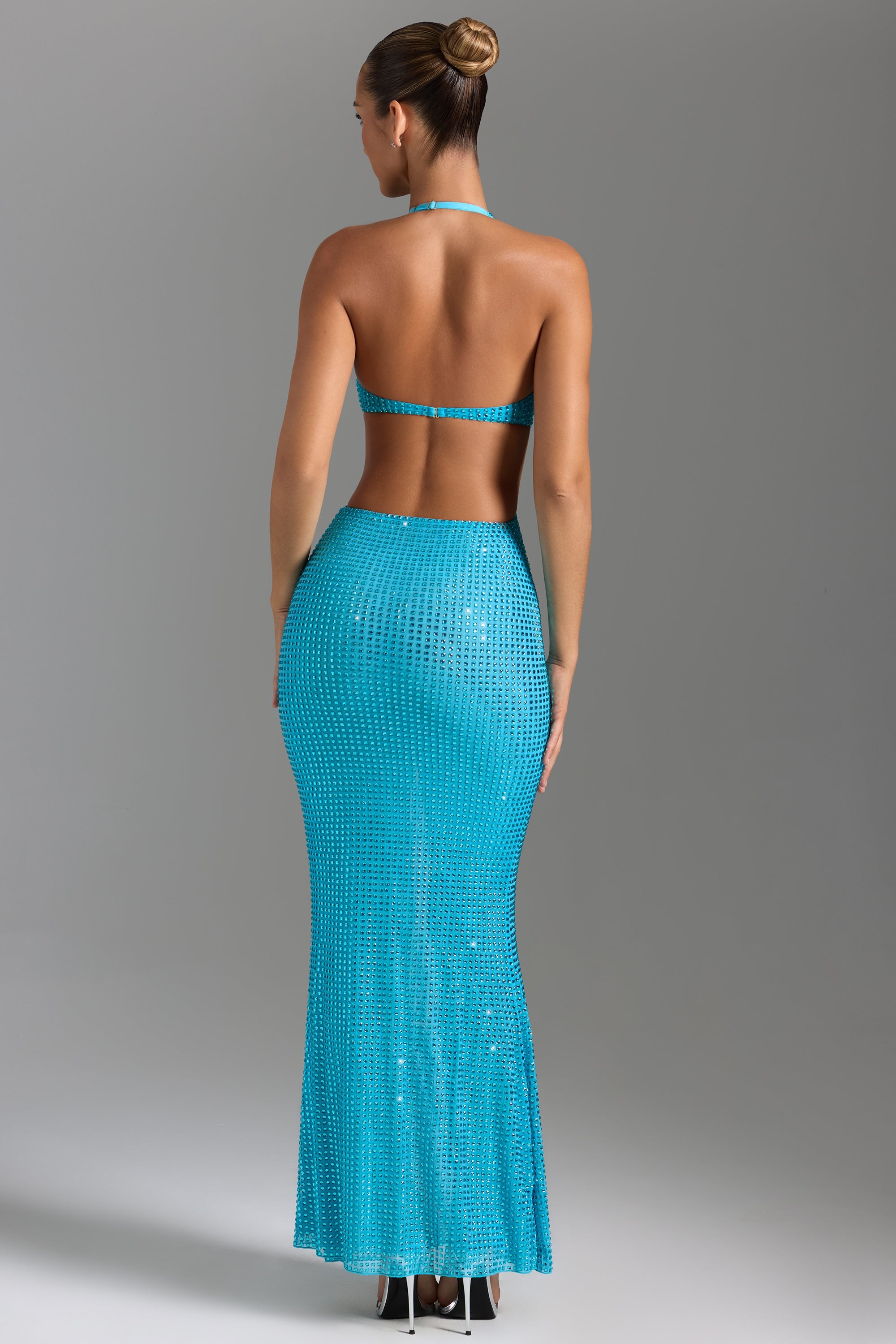Amberly Embellished Cut-Out Halterneck Maxi Dress in Aqua Blue - Image 3