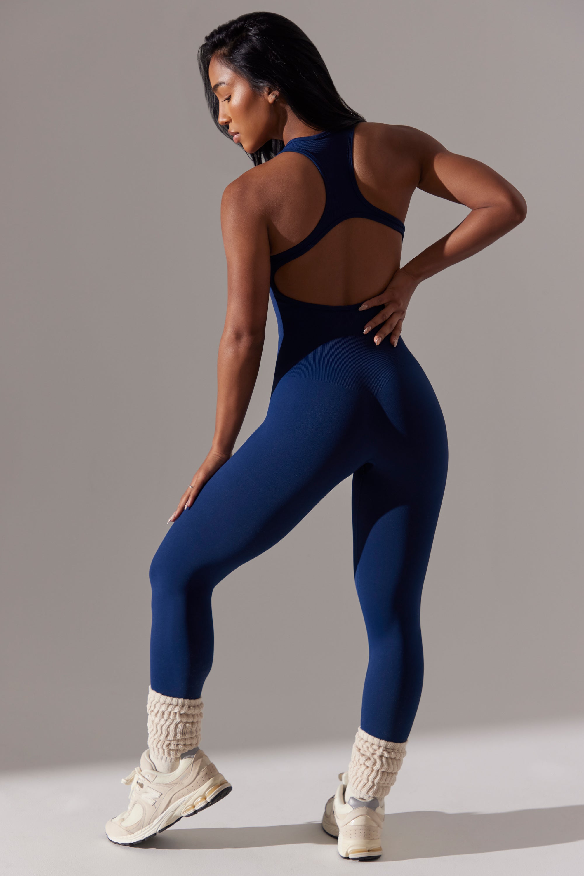 Committed Petite Plunge Neck Cut Out Back Jumpsuit in Navy - Image 6