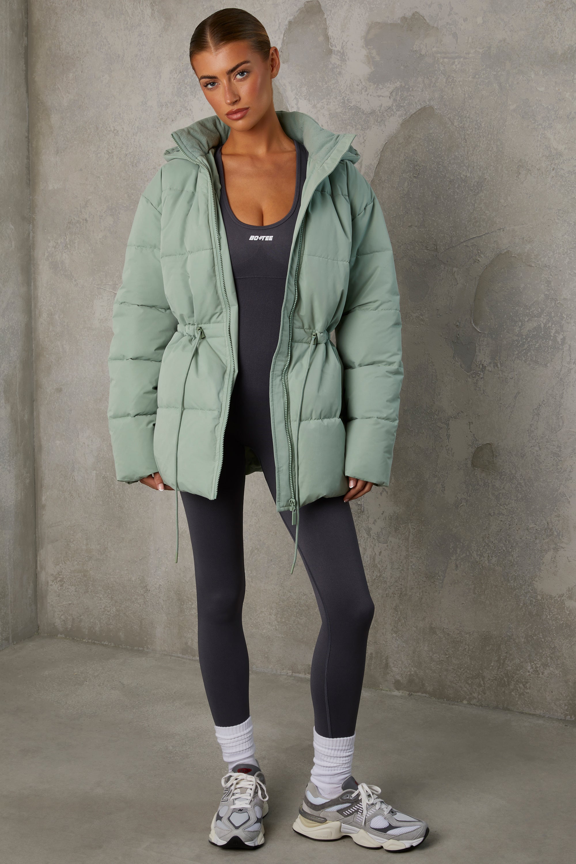 Snug Mid Length Hooded Puffer Coat in Iceberg Green - Image 5