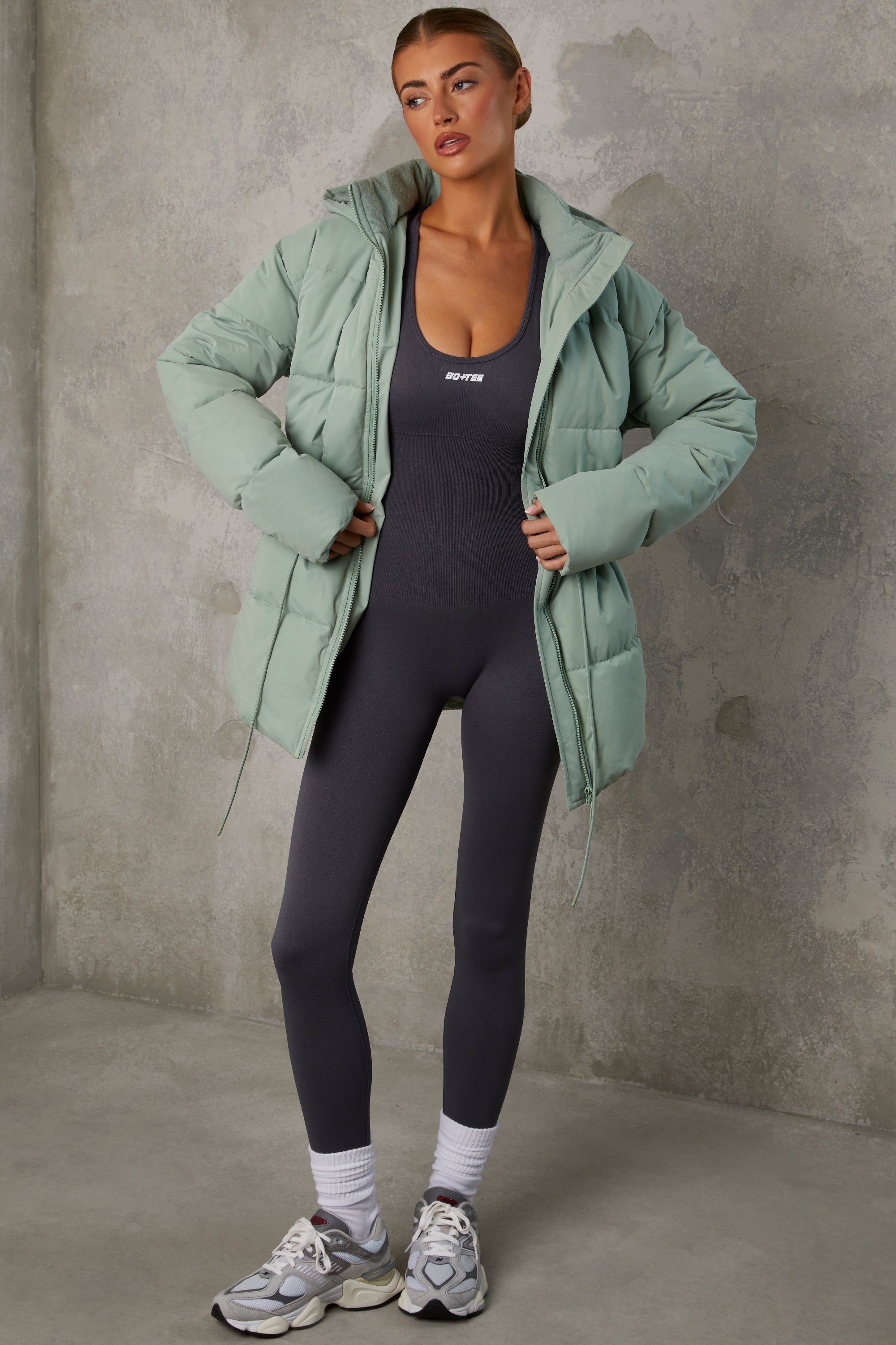 Snug Mid Length Hooded Puffer Coat in Iceberg Green