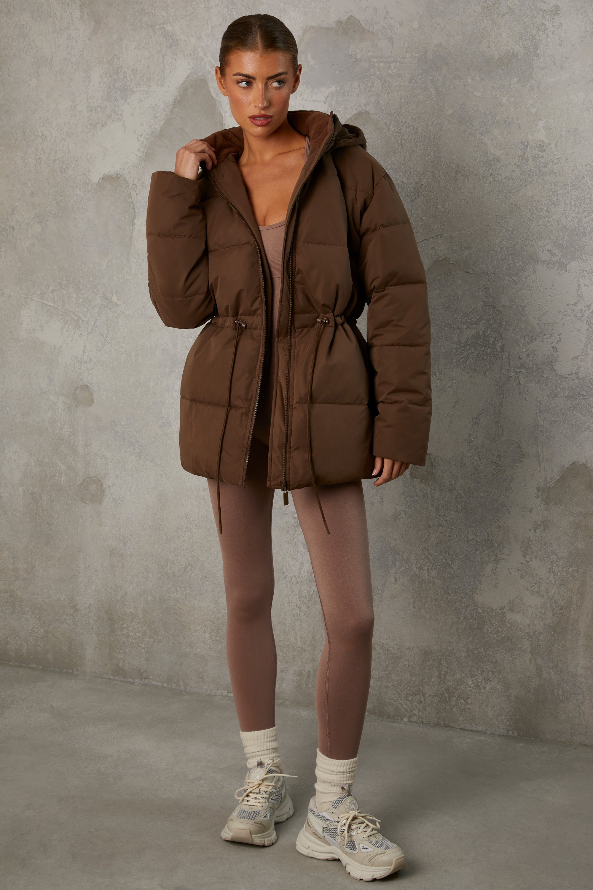 Snug Mid Length Hooded Puffer Coat in Cocoa Brown