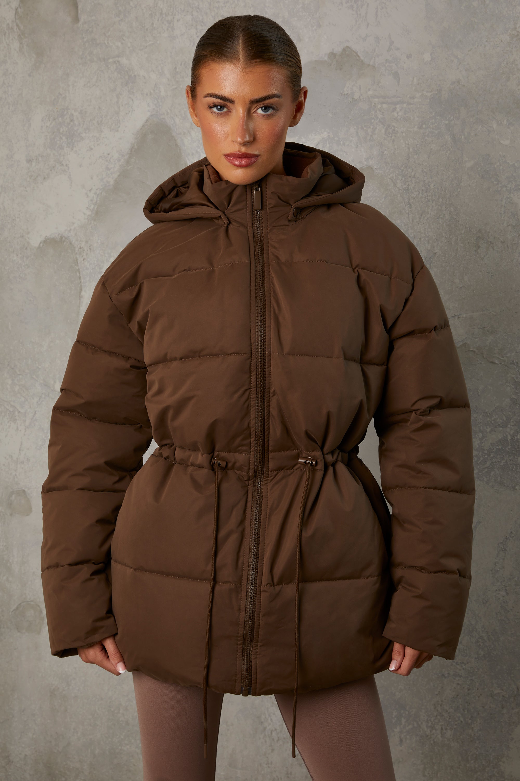 Snug Mid Length Hooded Puffer Coat in Cocoa Brown - Image 6