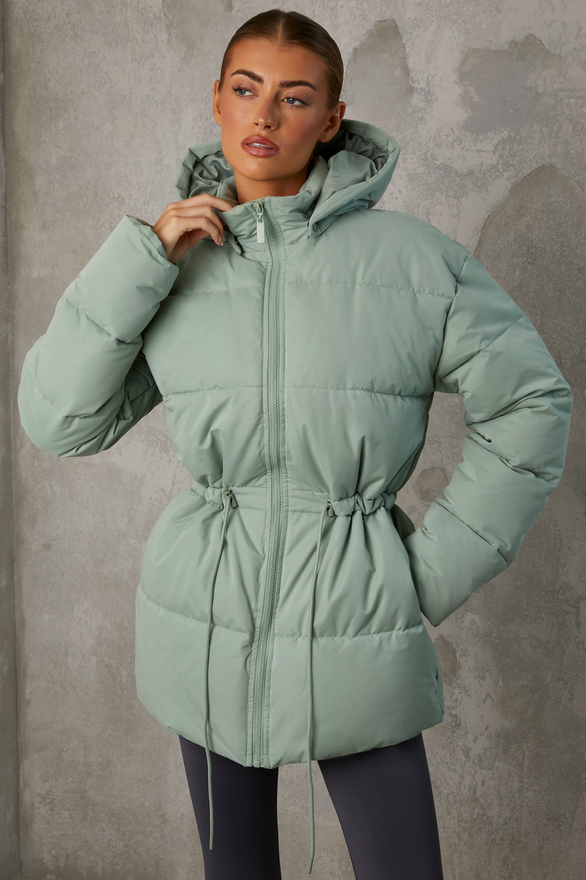 Snug Mid Length Hooded Puffer Coat in Iceberg Green - Image 7