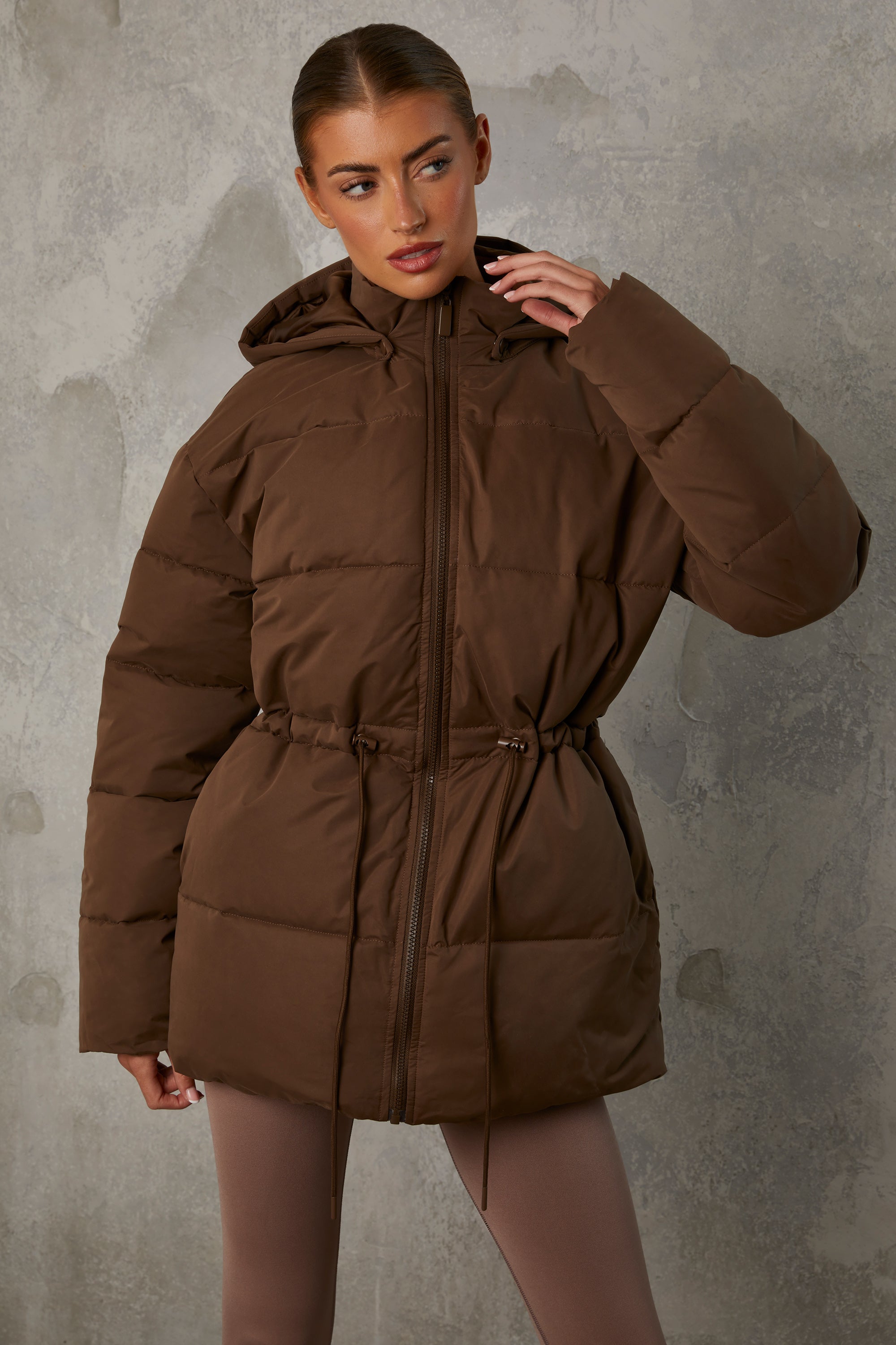 Snug Mid Length Hooded Puffer Coat in Cocoa Brown - Image 7