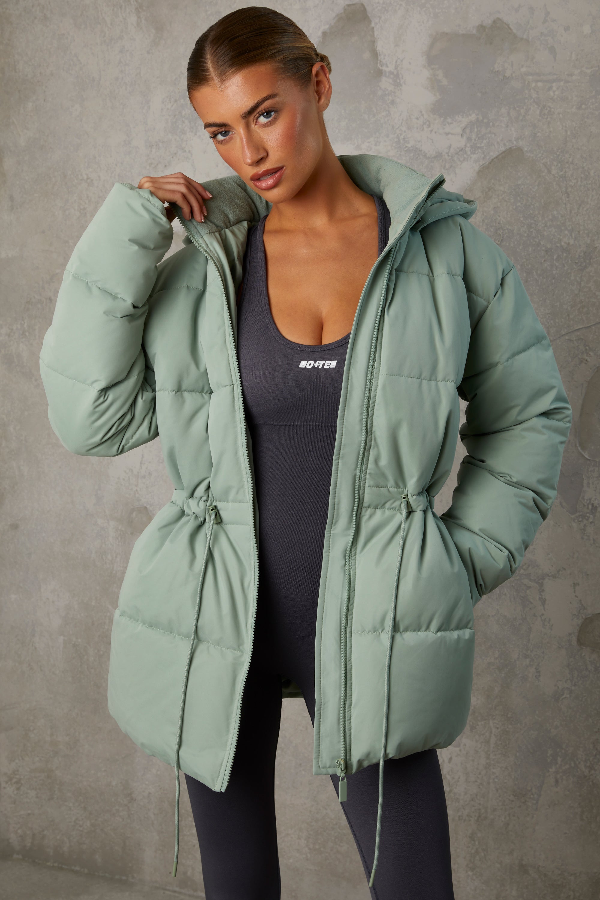Snug Mid Length Hooded Puffer Coat in Iceberg Green - Image 8